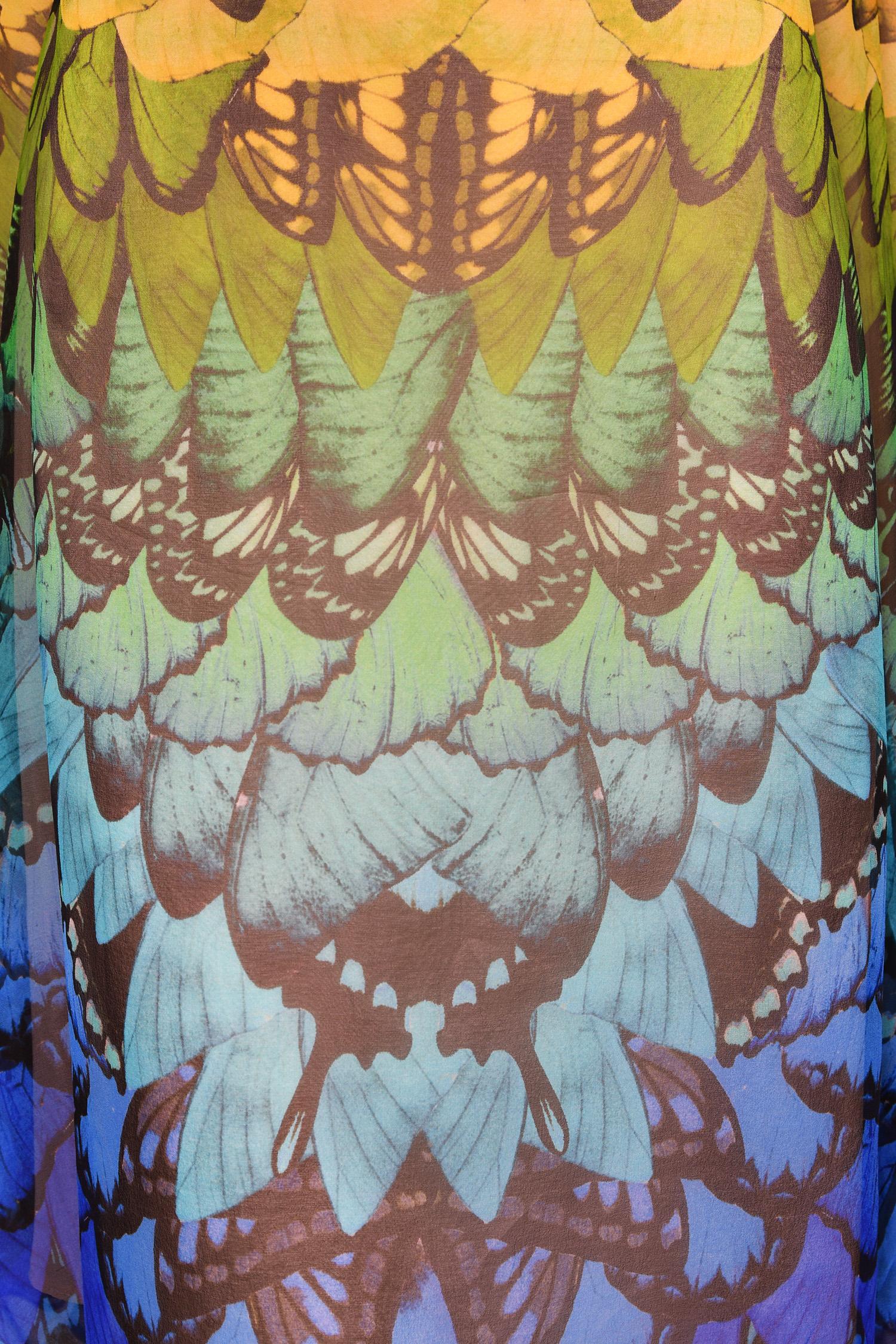 2008 Alexander McQueen Documented Rainbow Butterfly Print Silk Belted Cape Dress For Sale 7