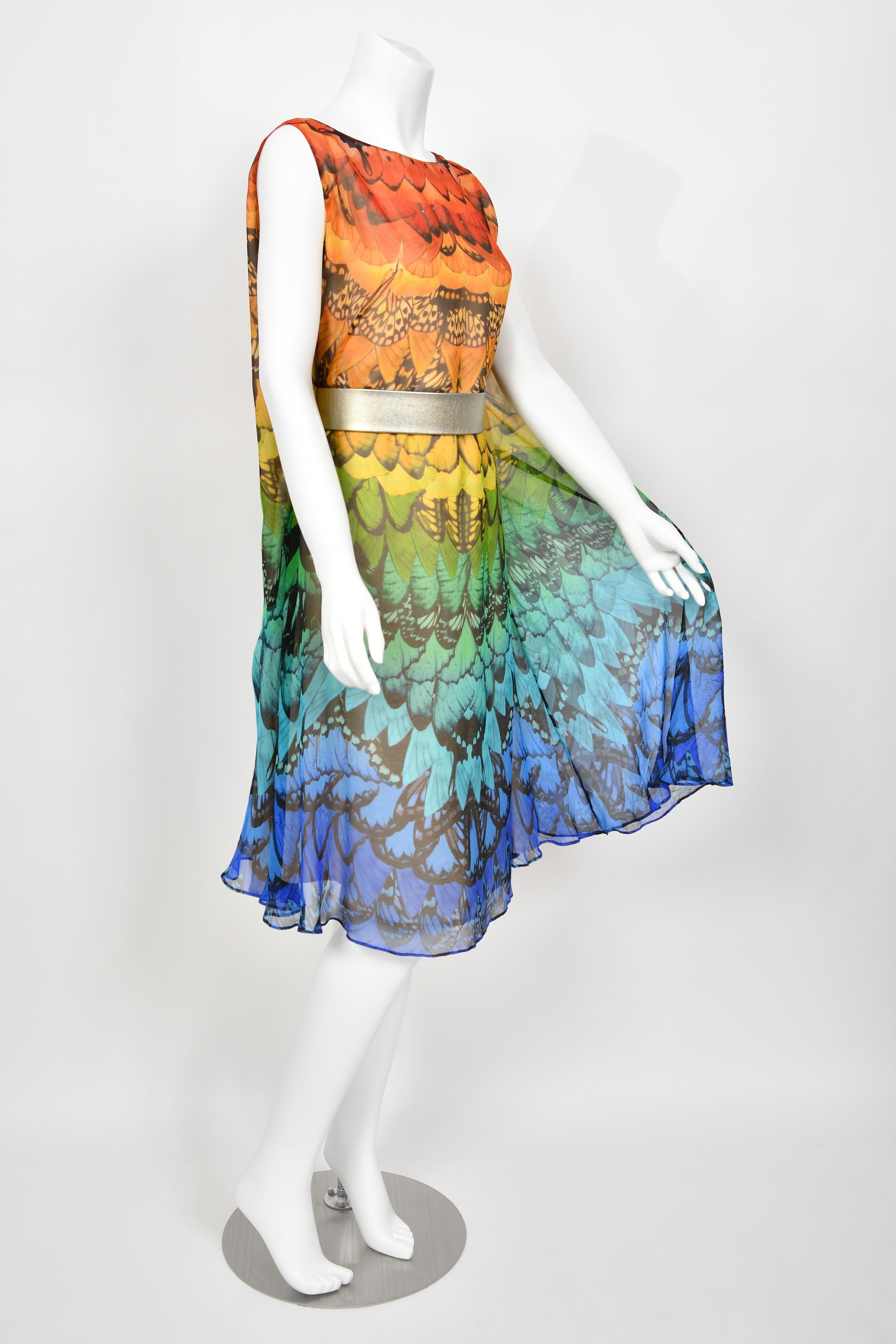 2008 Alexander McQueen Documented Rainbow Butterfly Print Silk Belted Cape Dress For Sale 1