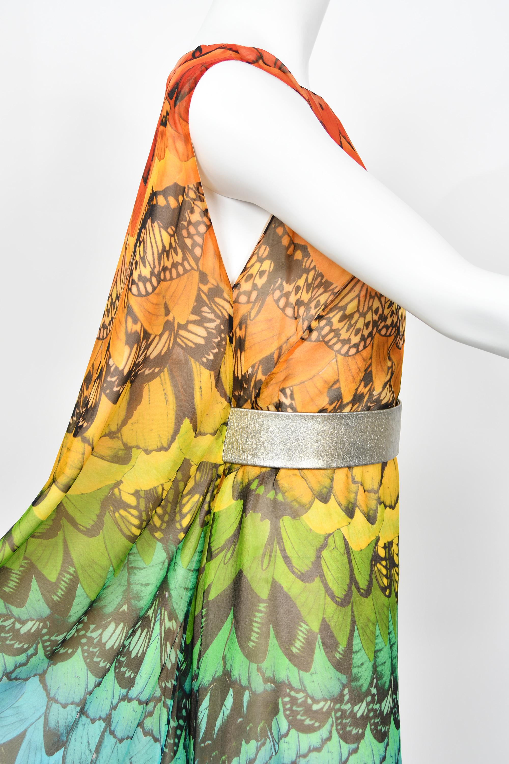 2008 Alexander McQueen Documented Rainbow Butterfly Print Silk Belted Cape Dress For Sale 8