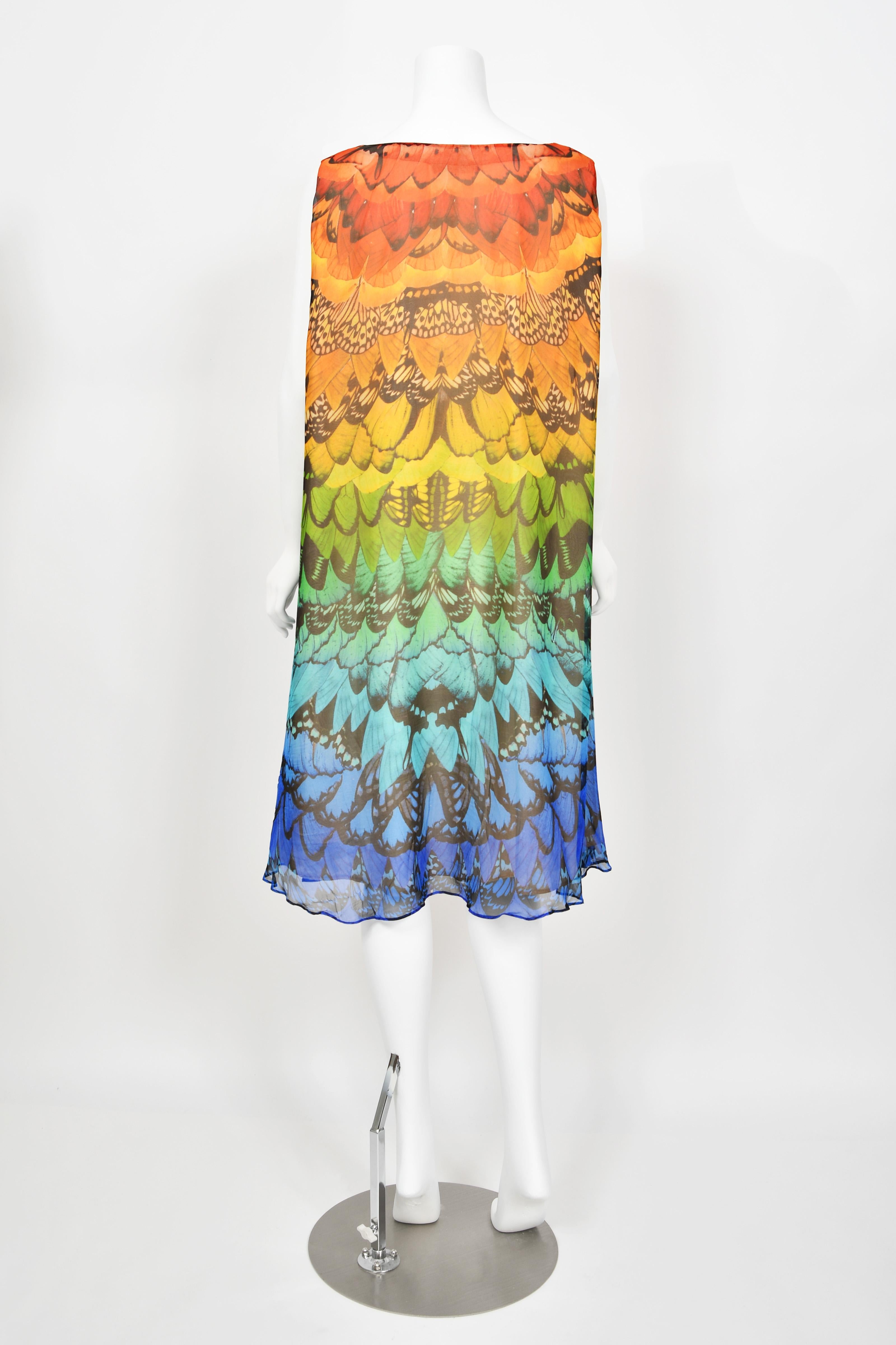 2008 Alexander McQueen Documented Rainbow Butterfly Print Silk Belted Cape Dress For Sale 9