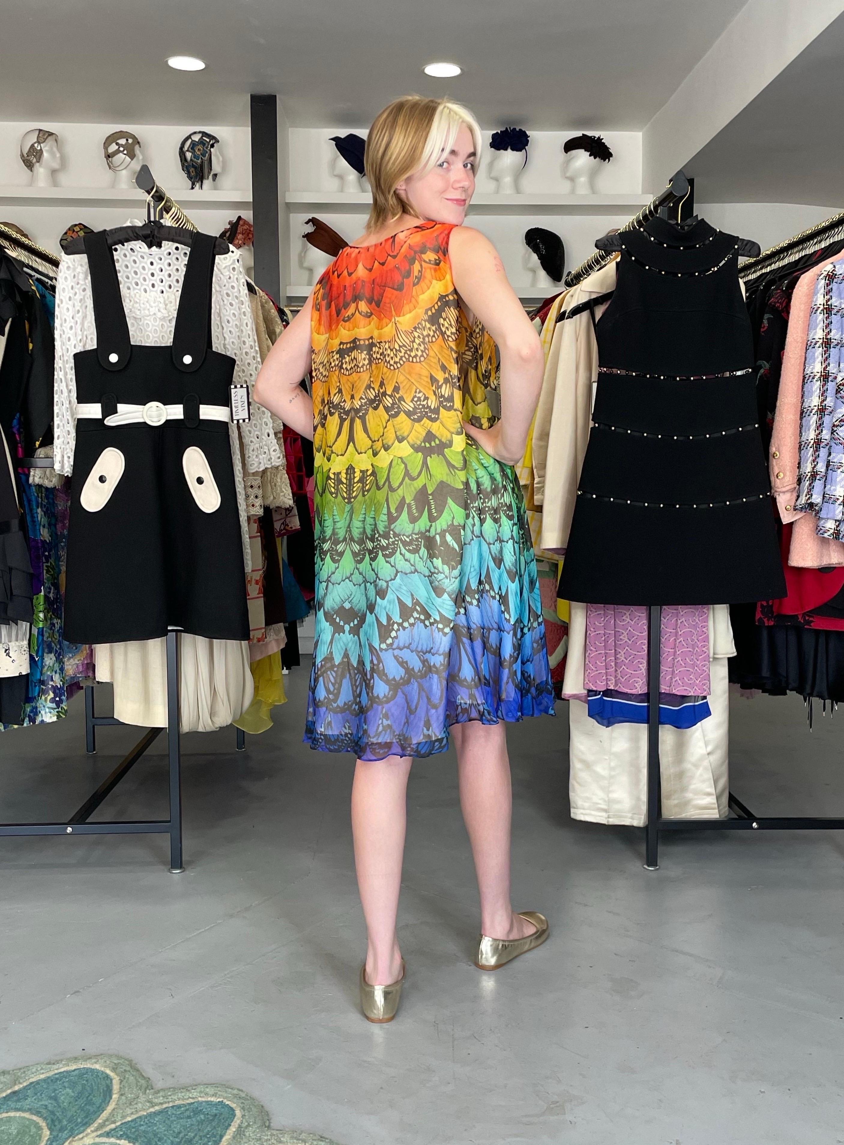 2008 Alexander McQueen Documented Rainbow Butterfly Print Silk Belted Cape Dress For Sale 10