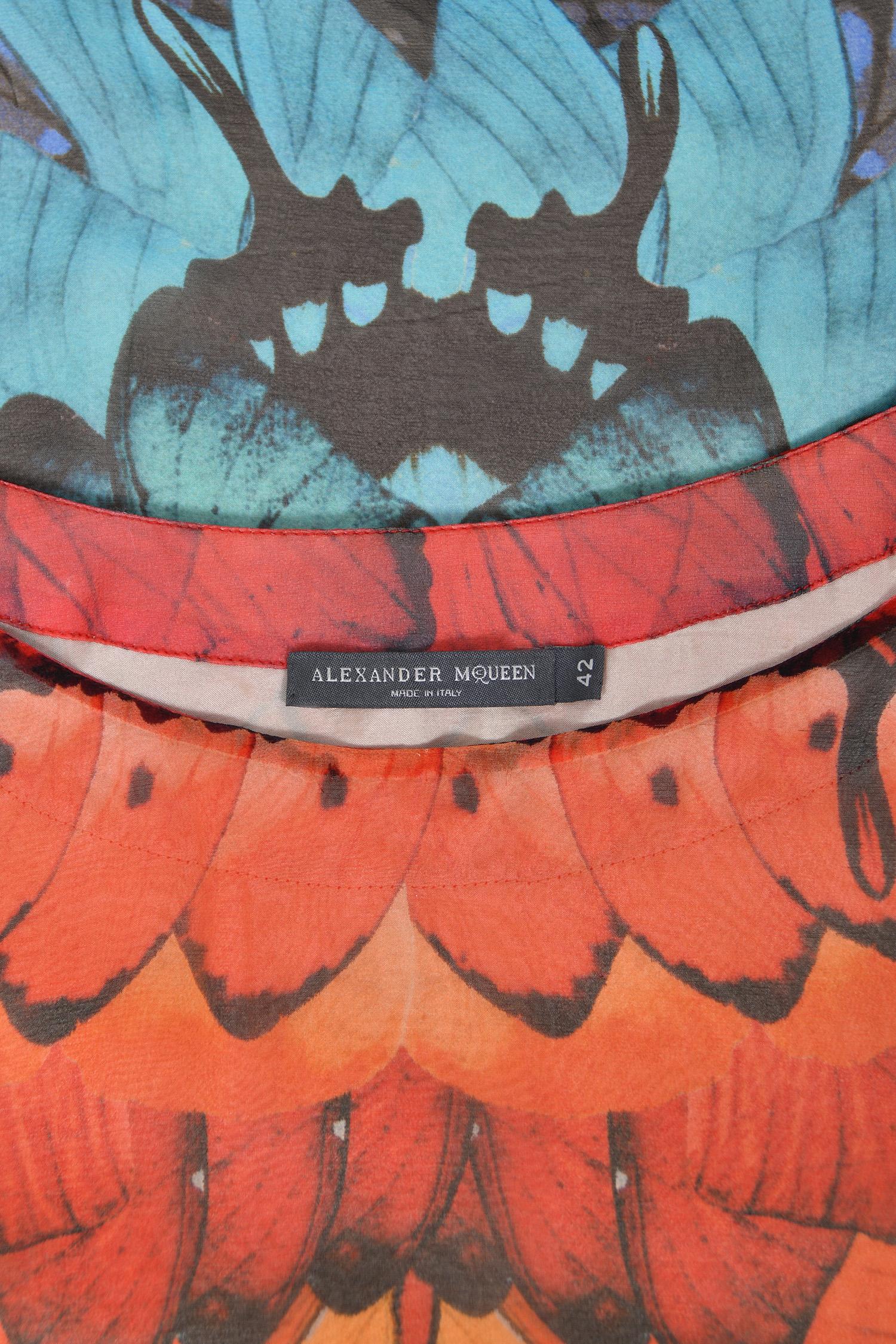 2008 Alexander McQueen Documented Rainbow Butterfly Print Silk Belted Cape Dress For Sale 11
