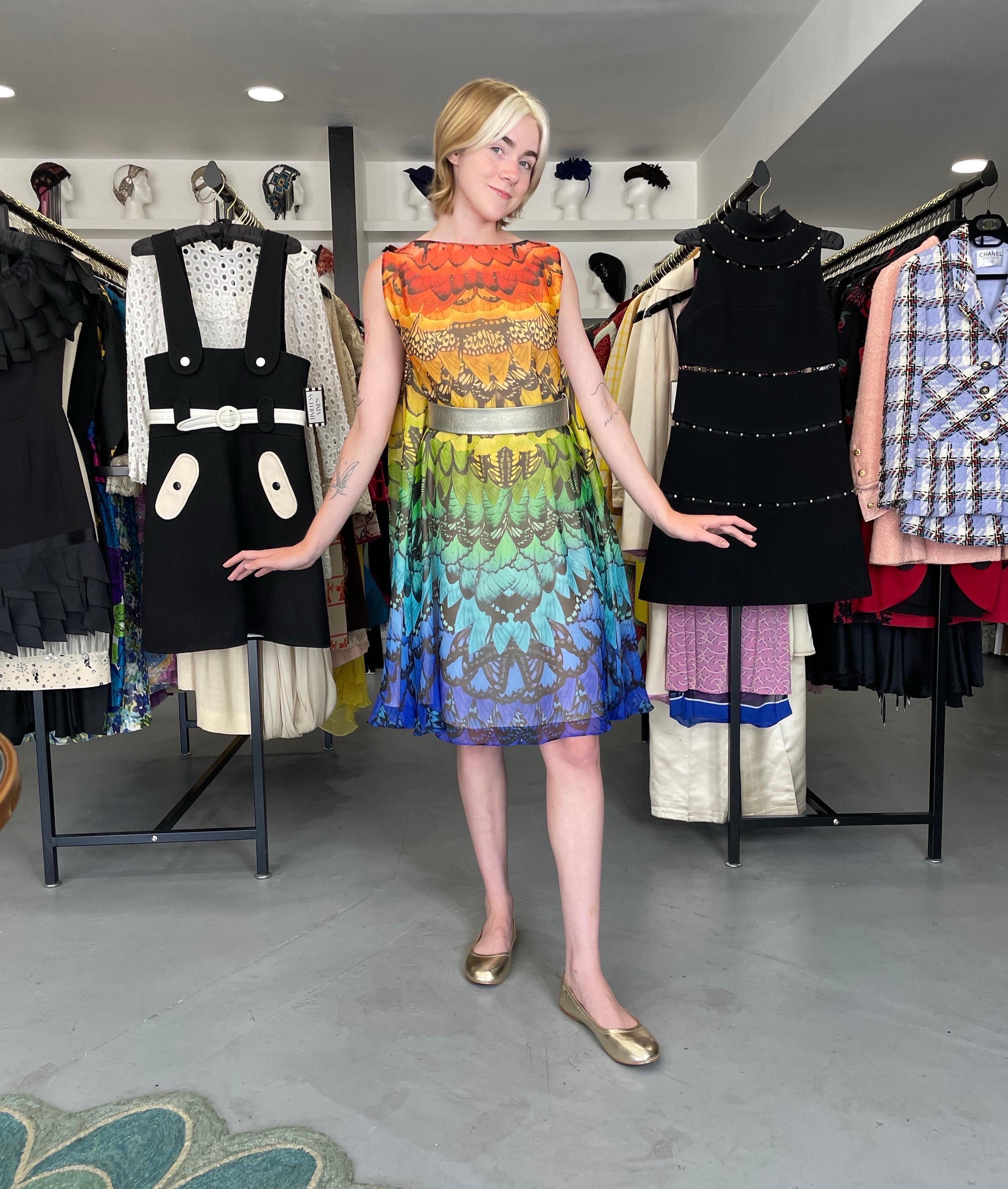 Brown 2008 Alexander McQueen Documented Rainbow Butterfly Print Silk Belted Cape Dress For Sale