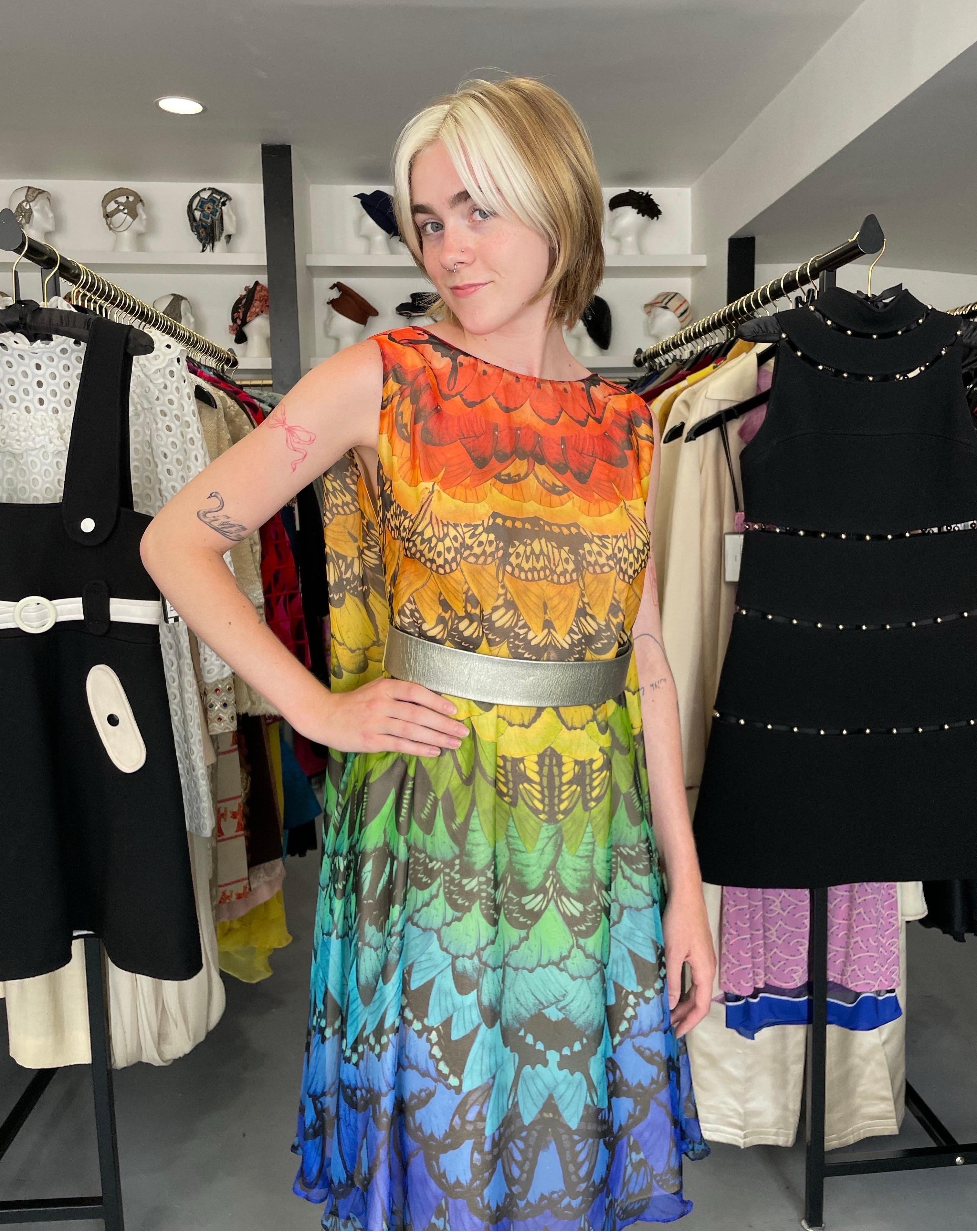 2008 Alexander McQueen Documented Rainbow Butterfly Print Silk Belted Cape Dress In Good Condition For Sale In Beverly Hills, CA
