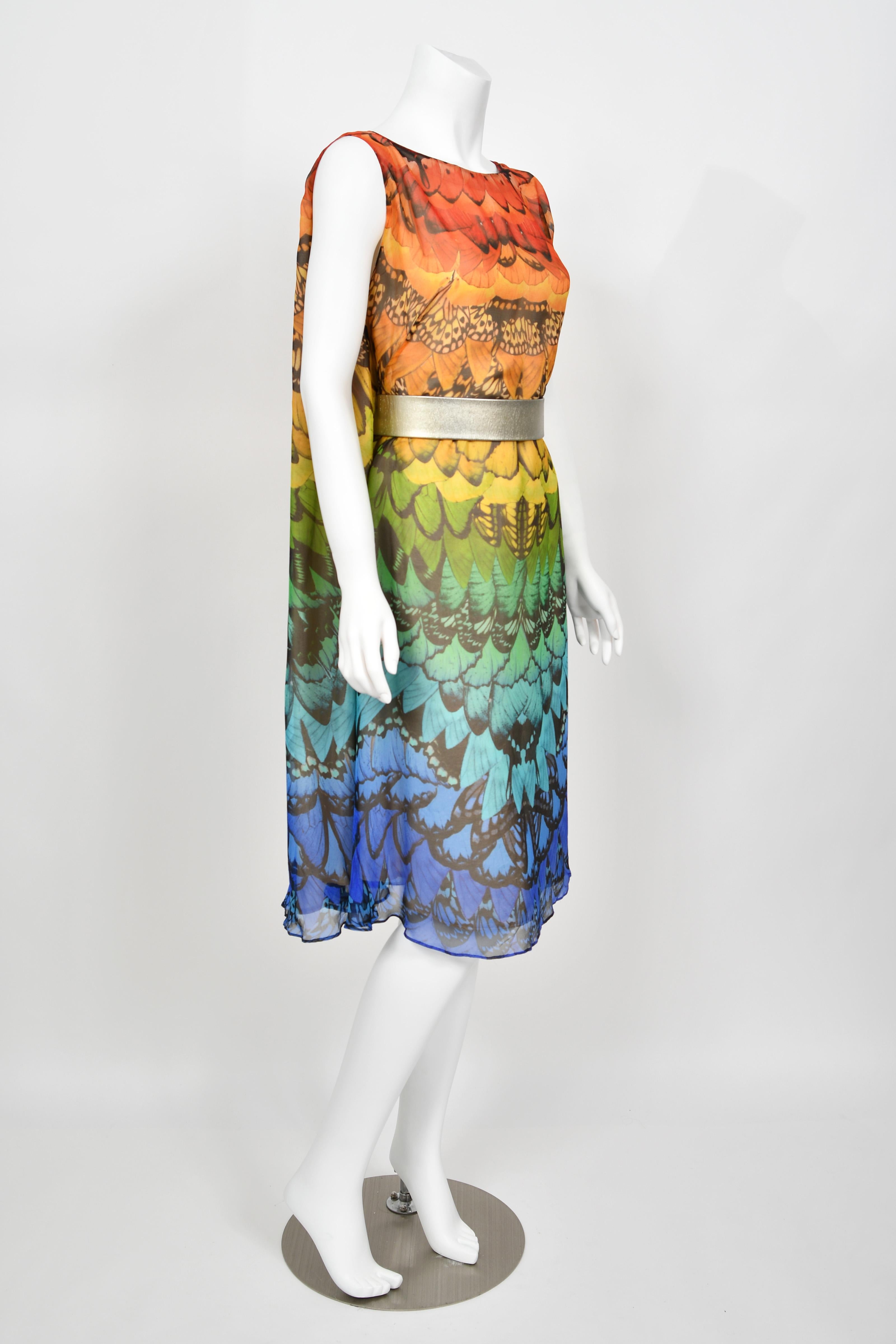 Women's 2008 Alexander McQueen Documented Rainbow Butterfly Print Silk Belted Cape Dress For Sale