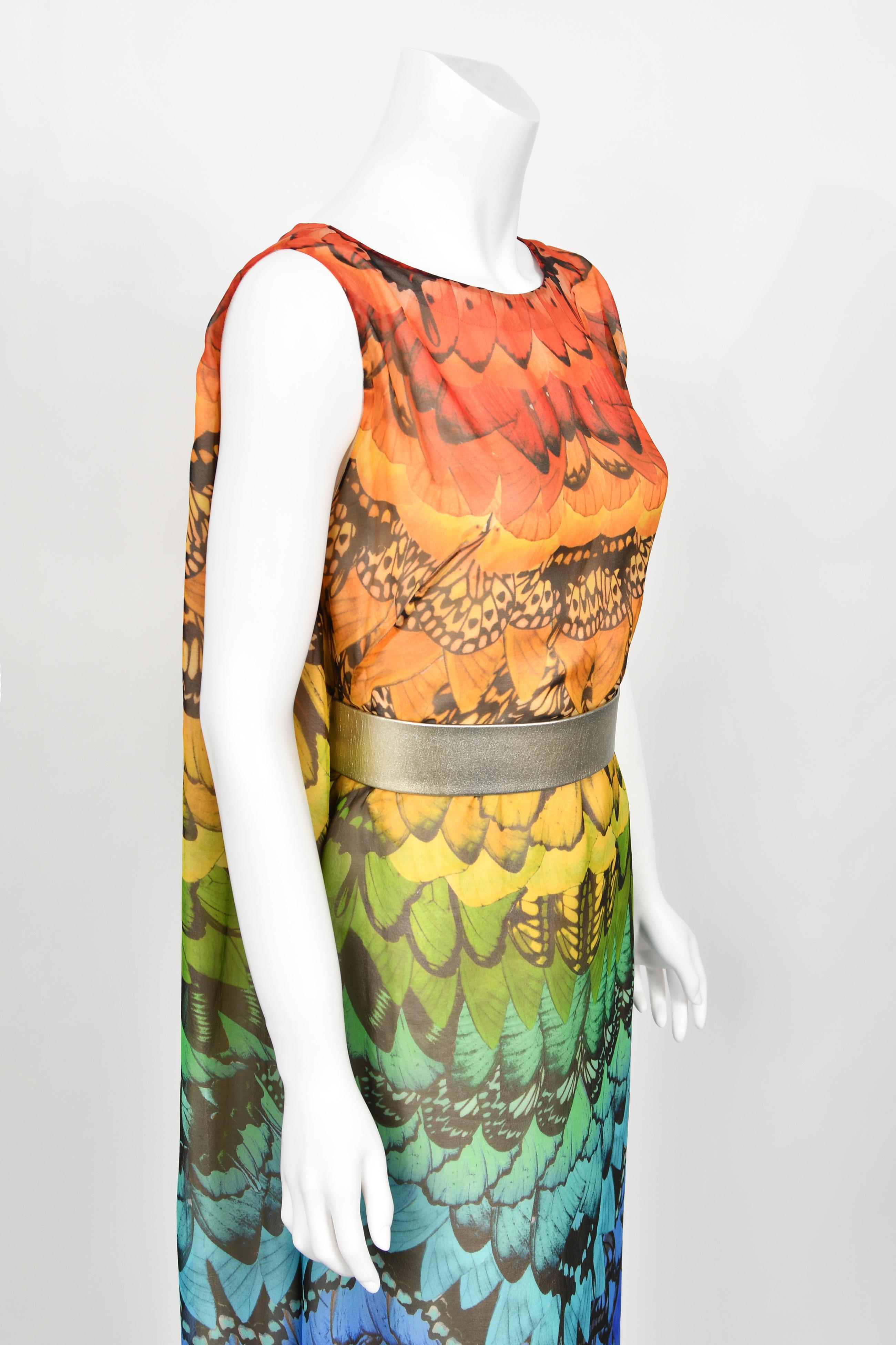 2008 Alexander McQueen Documented Rainbow Butterfly Print Silk Belted Cape Dress For Sale 2