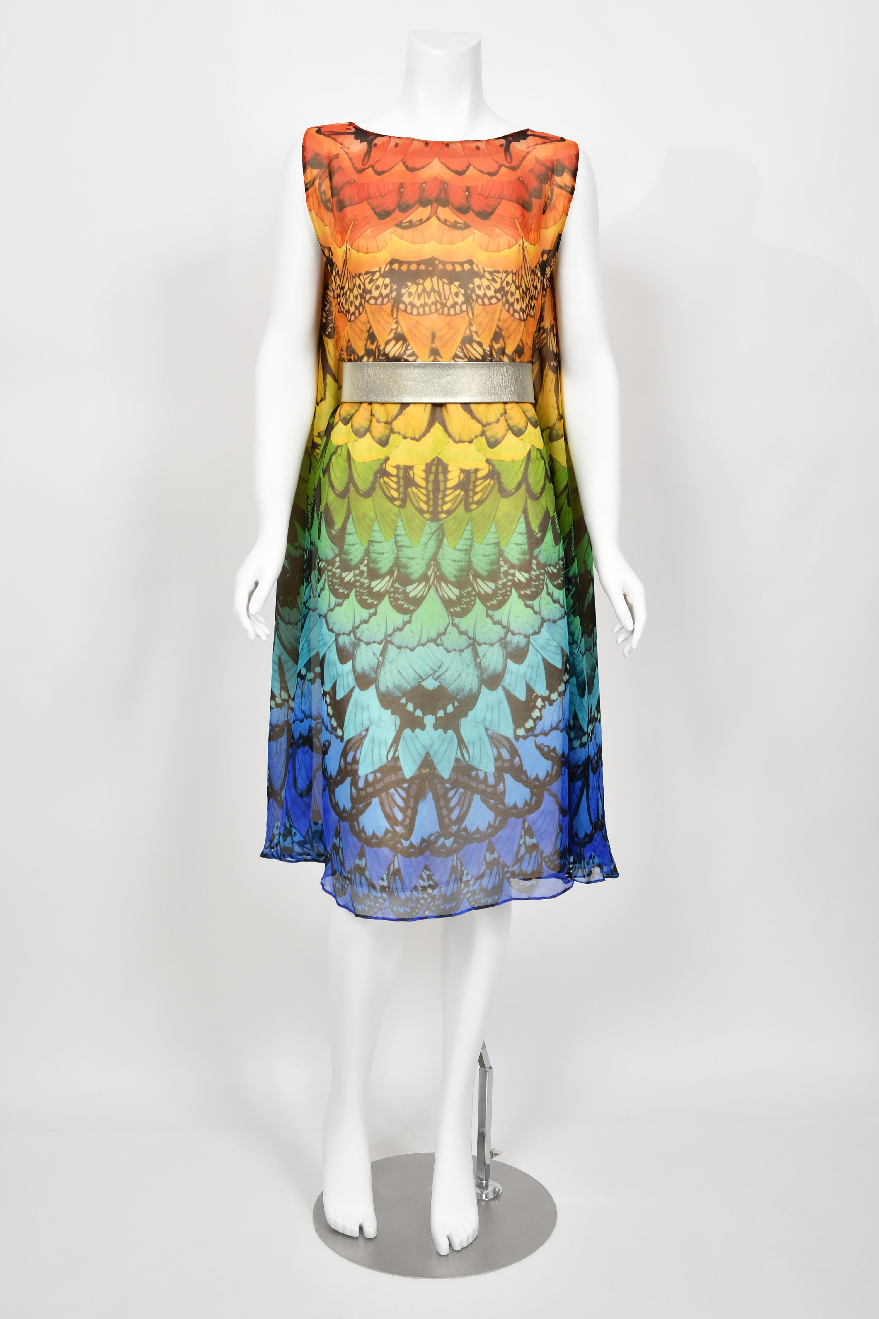 2008 Alexander McQueen Documented Rainbow Butterfly Print Silk Belted Cape Dress For Sale 3