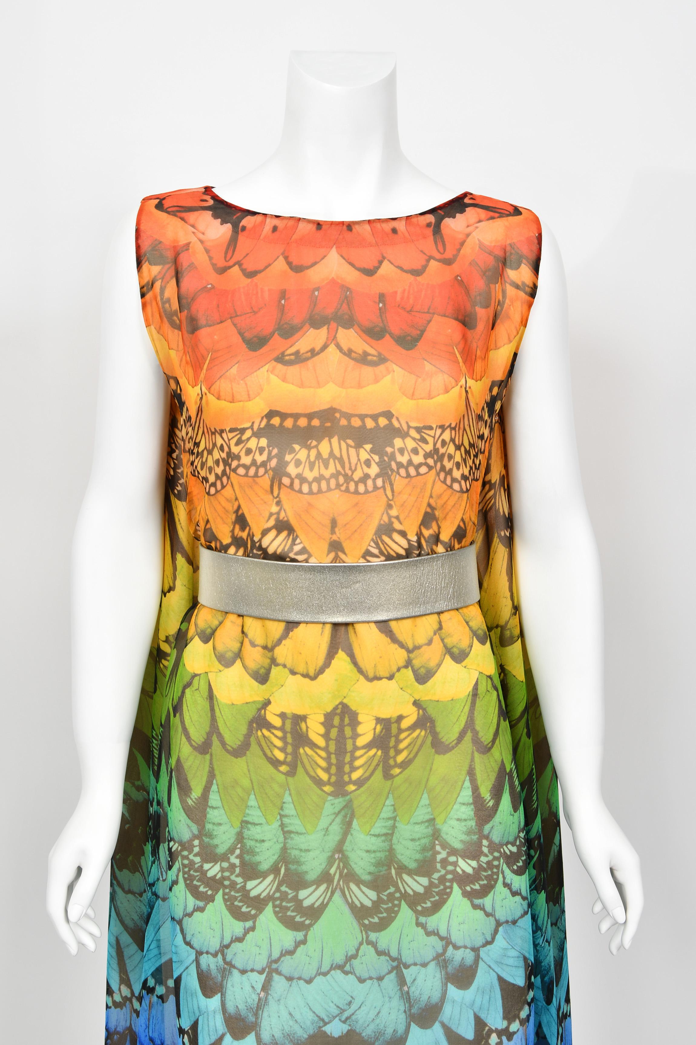 2008 Alexander McQueen Documented Rainbow Butterfly Print Silk Belted Cape Dress For Sale 4