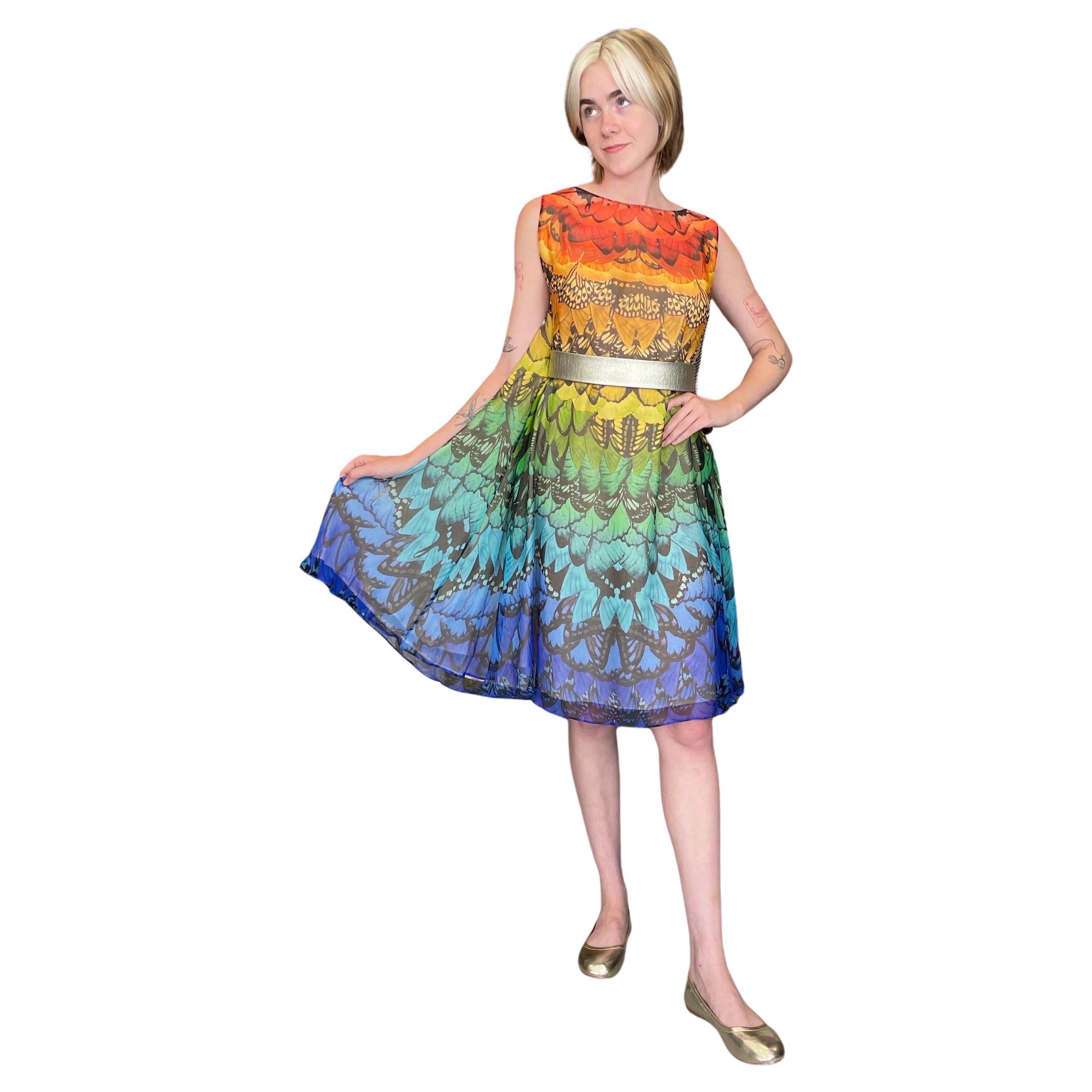 2008 Alexander McQueen Documented Rainbow Butterfly Print Silk Belted Cape Dress For Sale