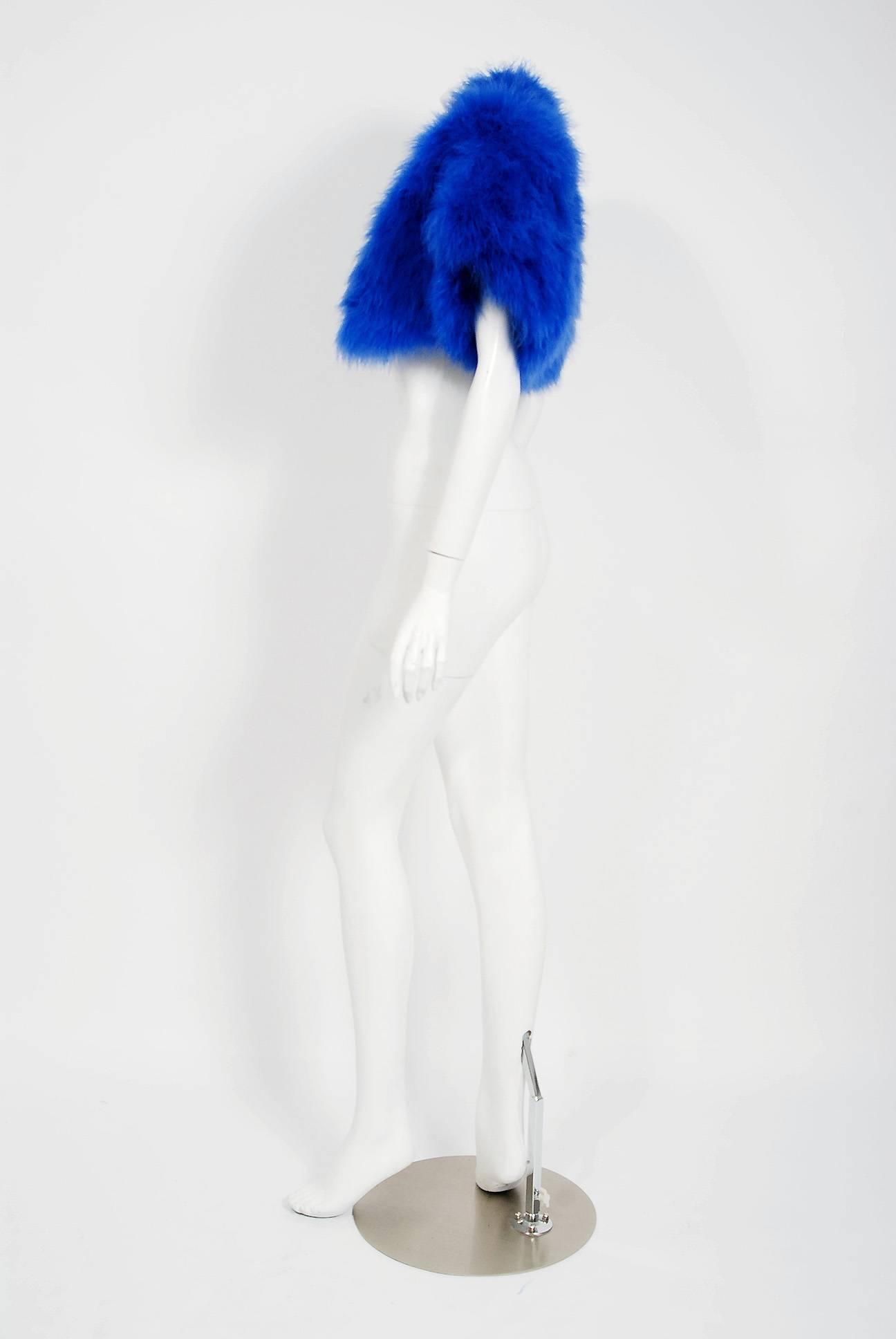 Alexander McQueen Rare Sapphire Blue Marabou Feather Cropped Bolero Jacket, 2008 In Excellent Condition In Beverly Hills, CA