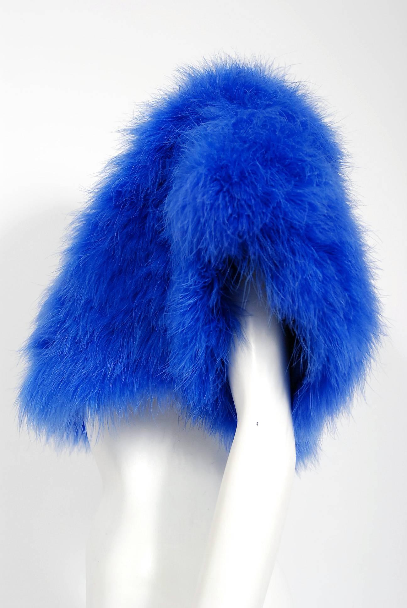 Women's or Men's Alexander McQueen Rare Sapphire Blue Marabou Feather Cropped Bolero Jacket, 2008