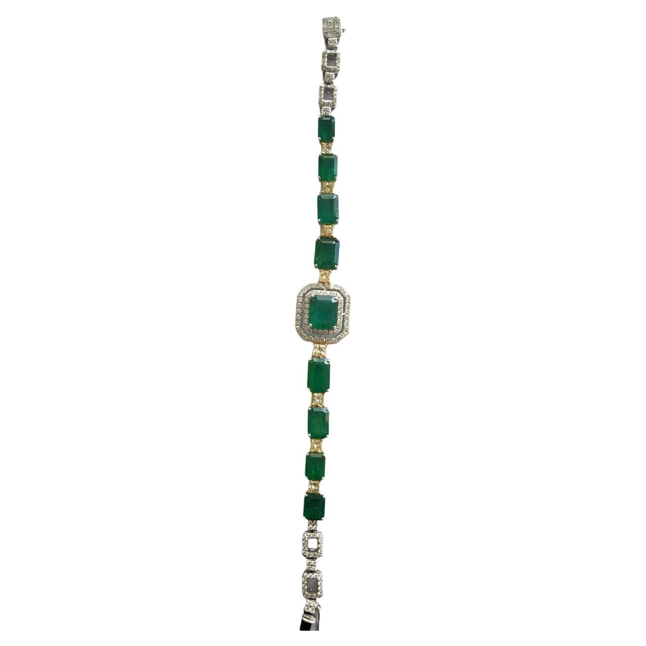 20.08 Carats Natural Zambian Emerald & Yellow Diamonds Link Bracelet For Sale