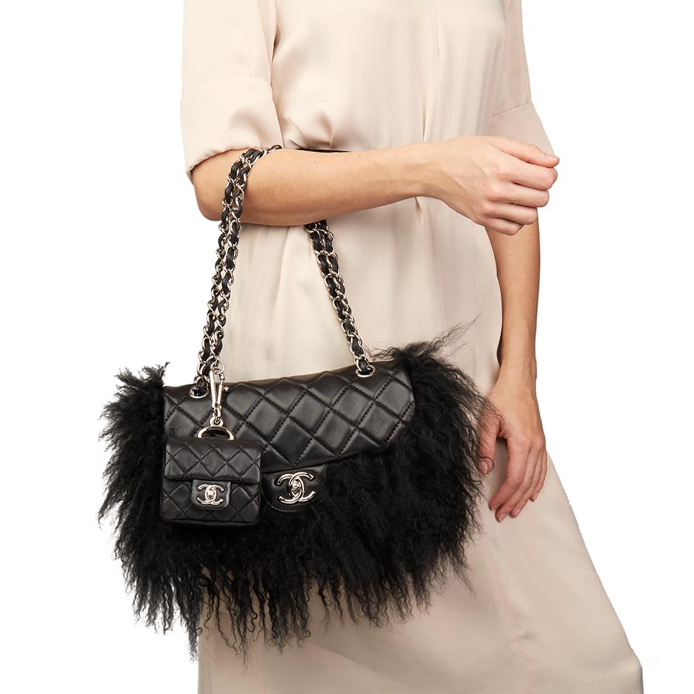 2008 Chanel Black Lambskin & Mongolian Goat Fur Tibet Flap Bag Micro Charm Set 6