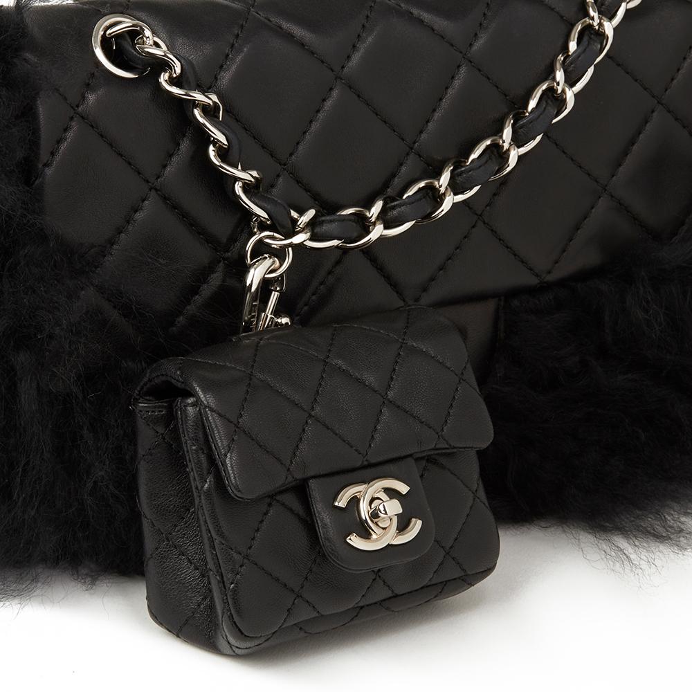 Women's 2008 Chanel Black Lambskin & Mongolian Goat Fur Tibet Flap Bag Micro Charm Set