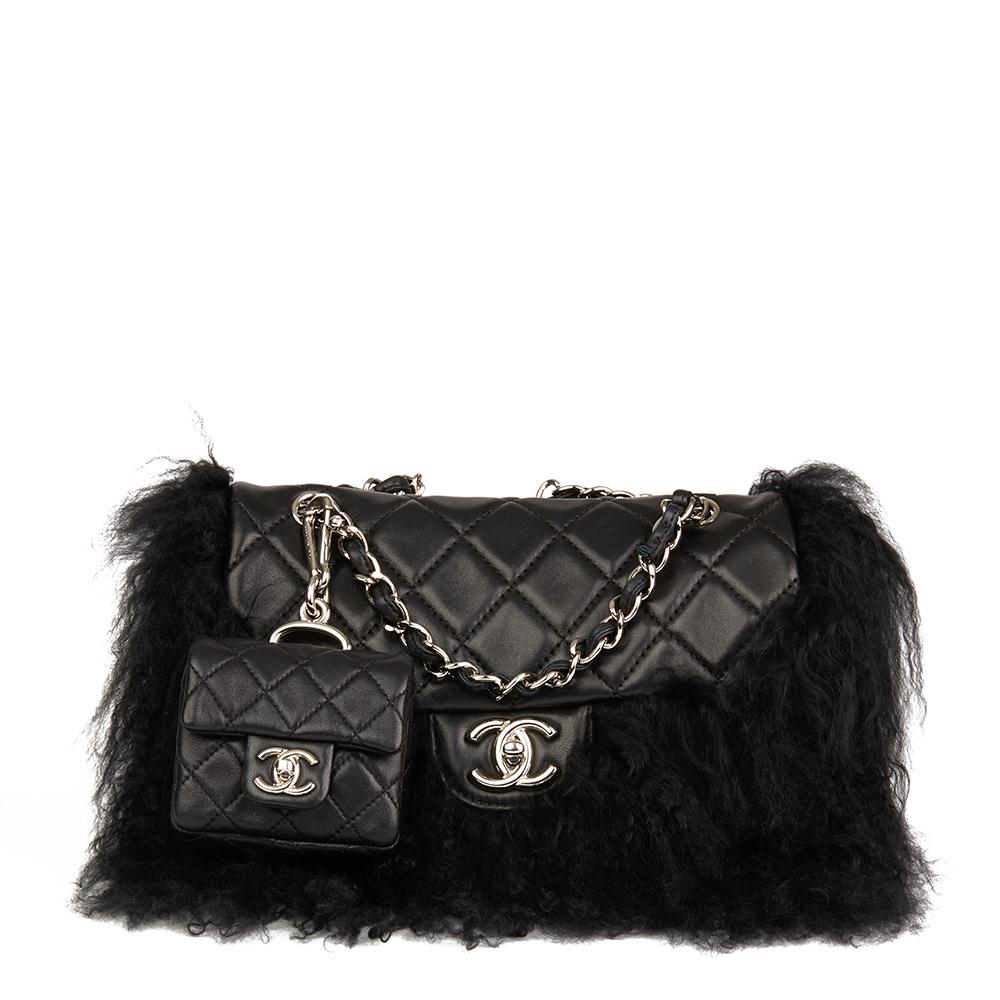 2008 Chanel Black Lambskin & Mongolian Goat Fur Tibet Flap Bag Micro Charm  Set