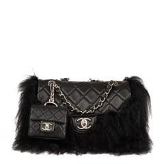 2008 Chanel Black Lambskin & Mongolian Goat Fur Tibet Flap Bag Micro Charm Set