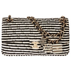 2008 Chanel Black & White Stripe Quilted Velour Classic Single Flap Bag