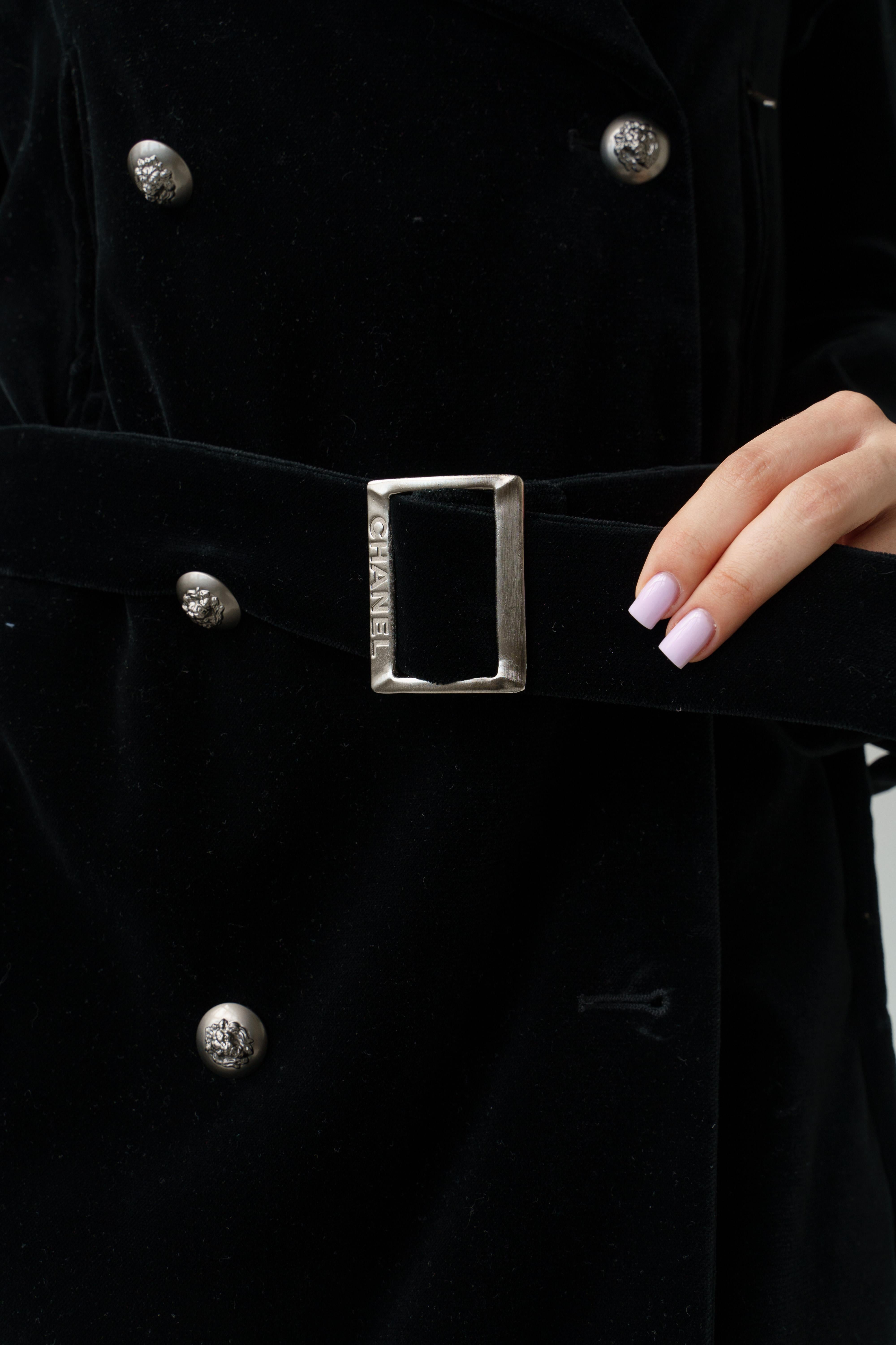 2008 Chanel & Karl Lagerfeld 08A Black Velvet Double Breast Coat with Belt For Sale 1