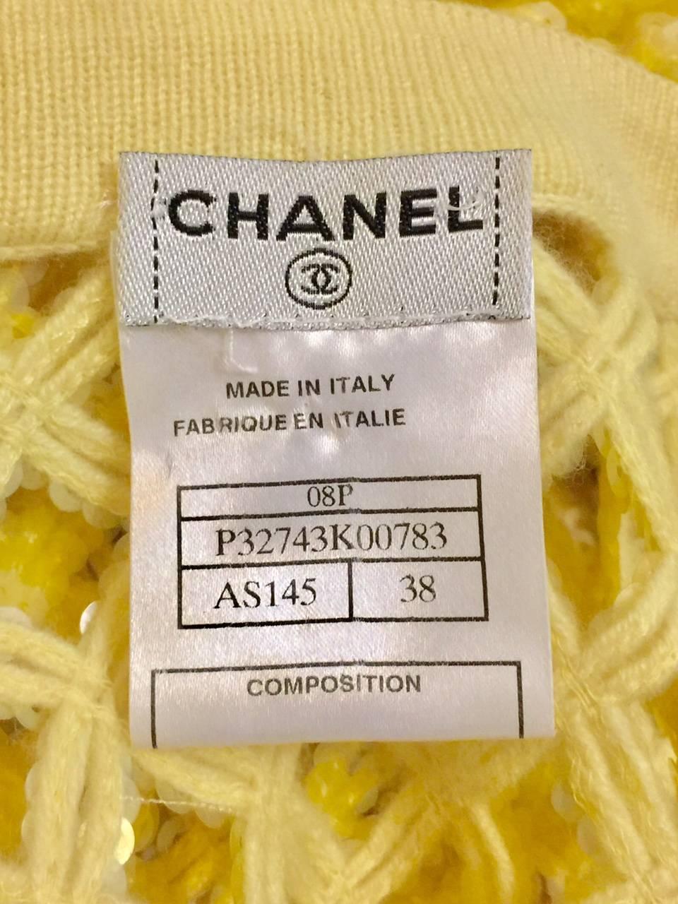 2008 Chanel Lemon Open Lattice Woven Cashmere Cardigan / Sequins Allover 38 For Sale 1