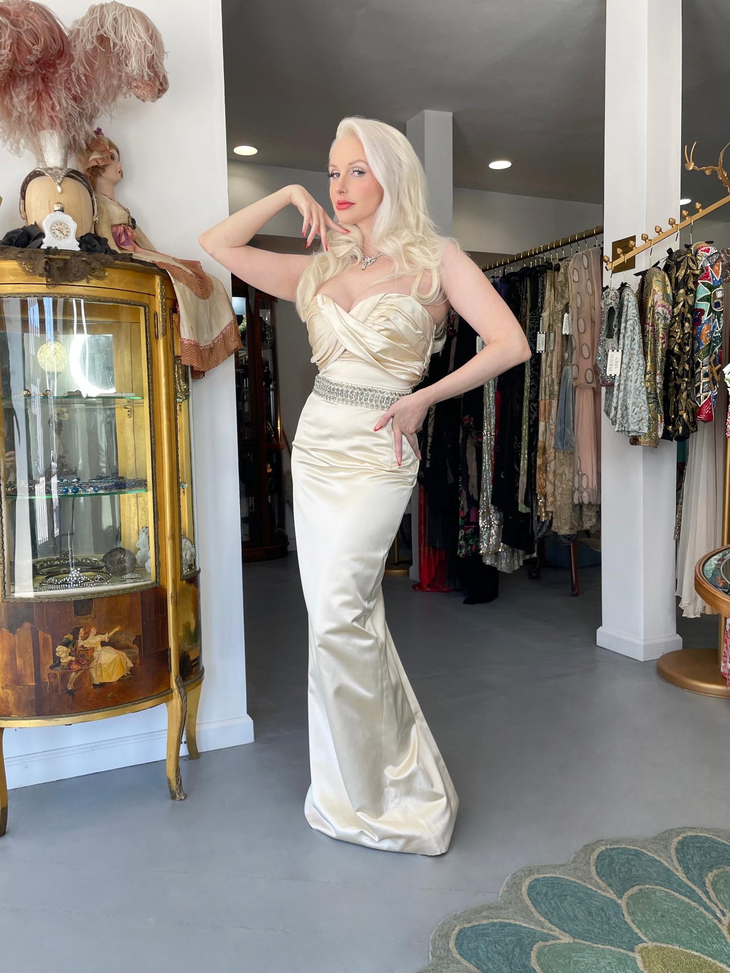 Beige 2008 Christian Dior by John Galliano Beaded Ivory Silk Shelf-Bust Hourglass Gown