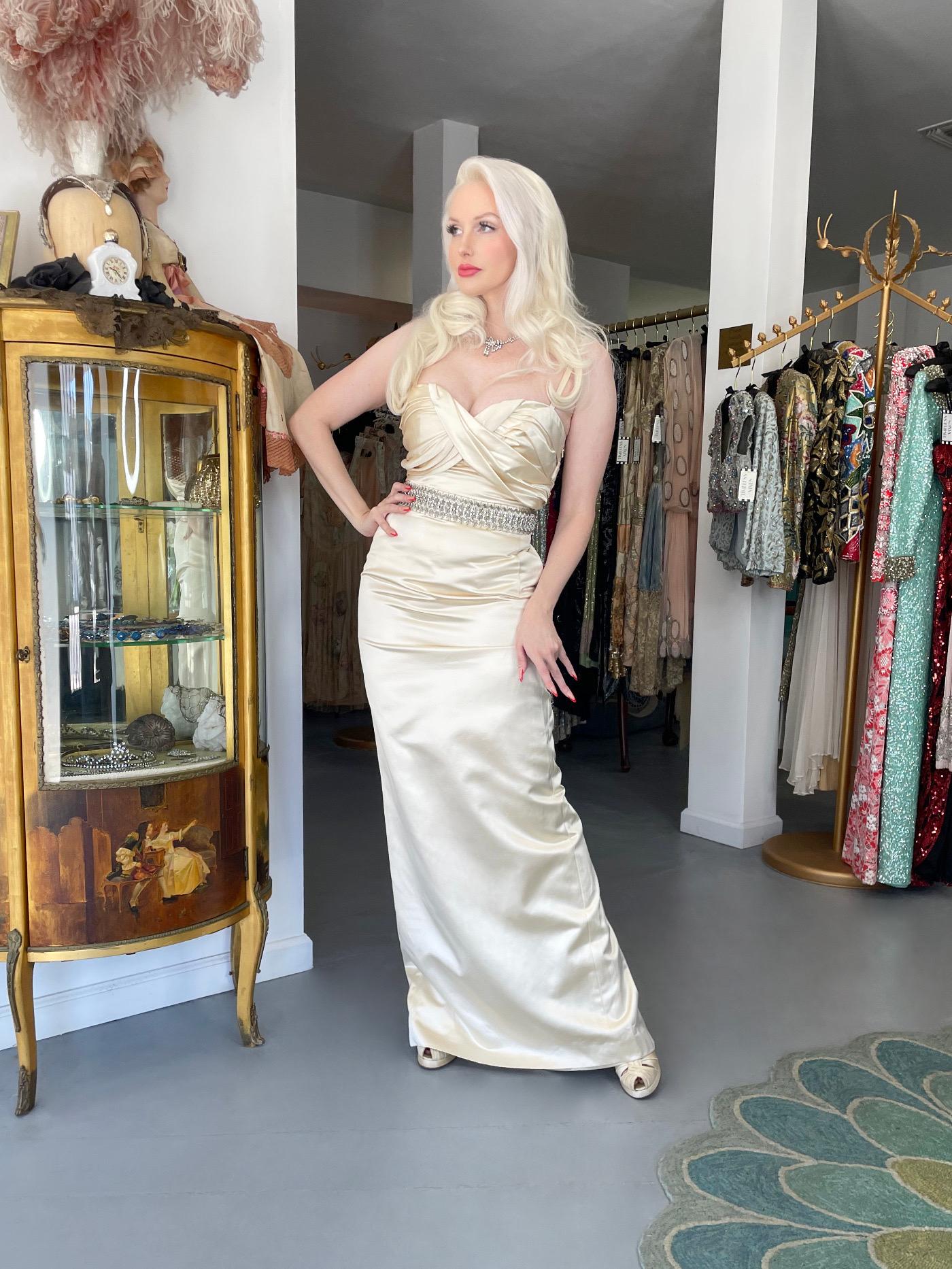 2008 Christian Dior by John Galliano Beaded Ivory Silk Shelf-Bust Hourglass Gown In Good Condition In Beverly Hills, CA