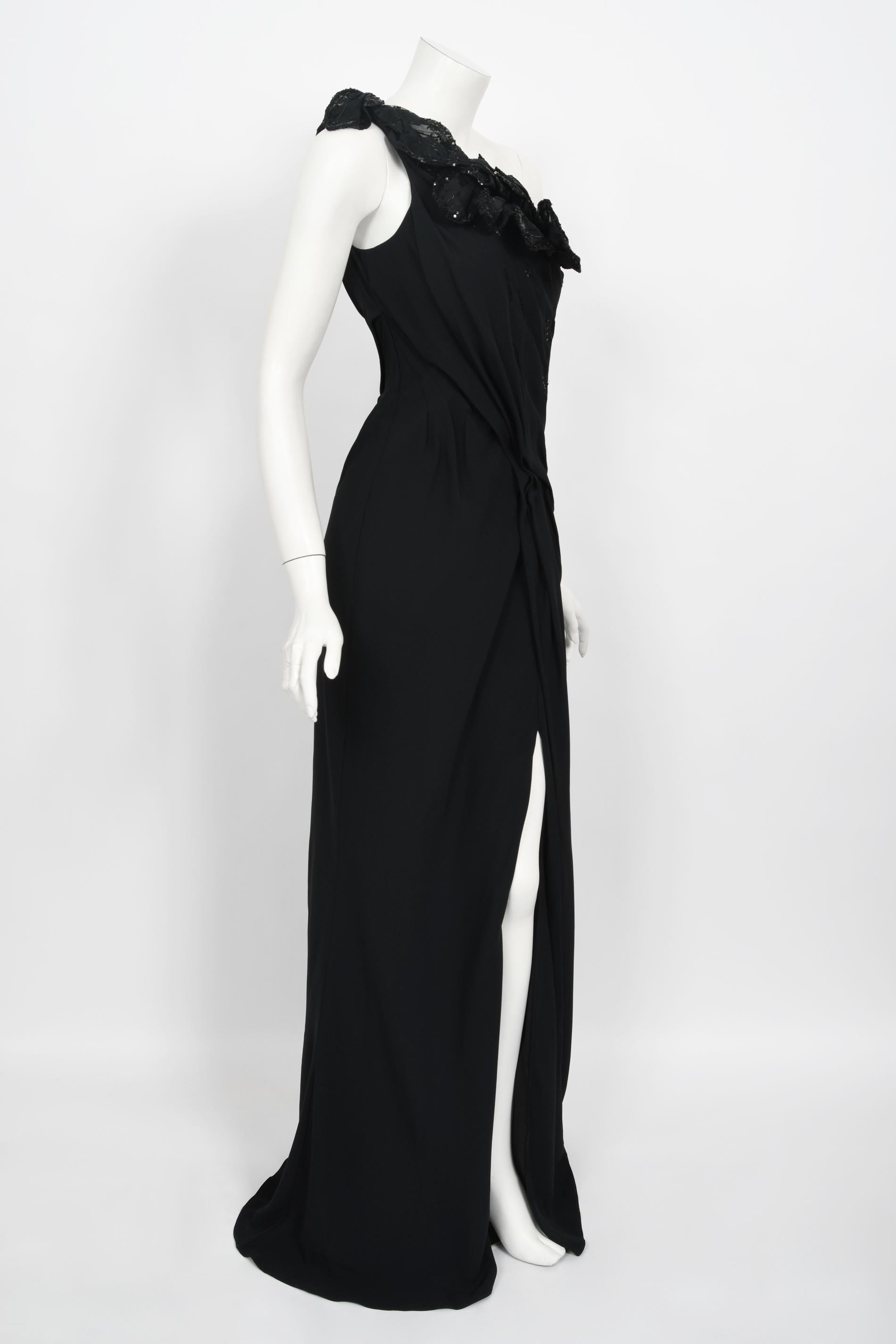 Women's 2008 Christian Dior by John Galliano Black Beaded Silk High Slit Bias-Cut Gown For Sale