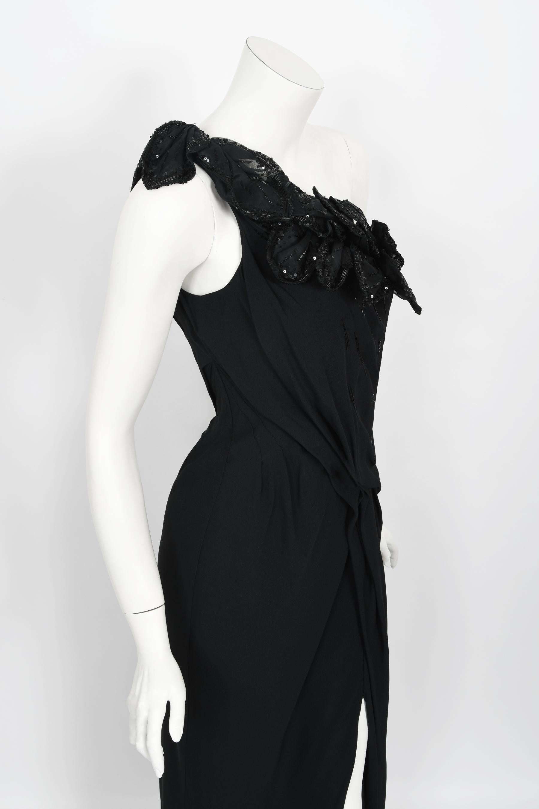 2008 Christian Dior by John Galliano Black Beaded Silk High Slit Bias-Cut Gown For Sale 1