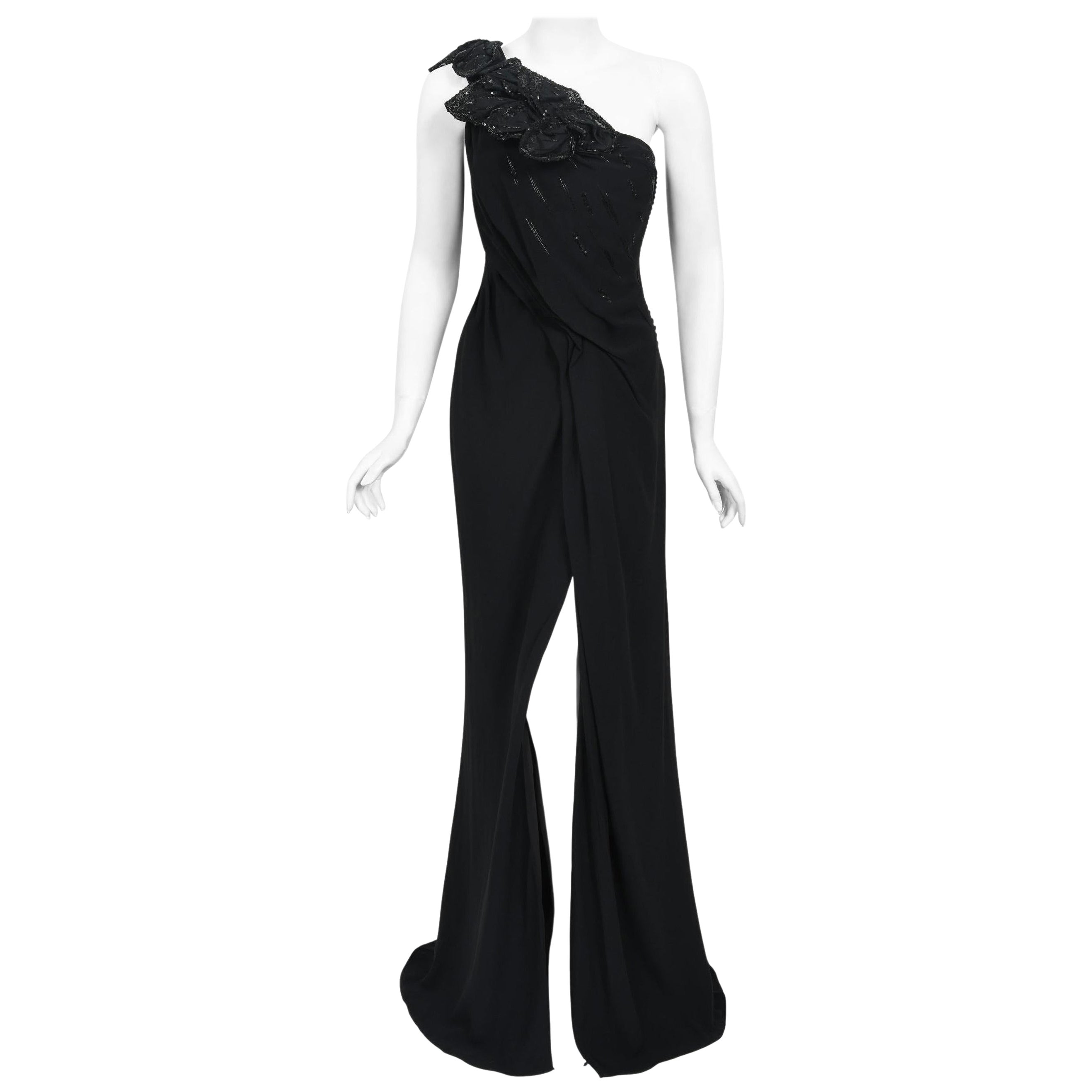2008 Christian Dior by John Galliano Black Beaded Silk High Slit Bias-Cut Gown