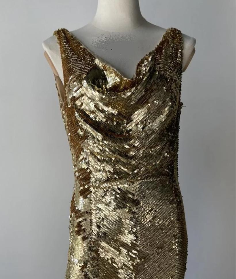 2008 CHRISTIAN DIOR/GALLIANO GOLEN SEQUIN DRESS Size IT 44 In Excellent Condition In Montgomery, TX