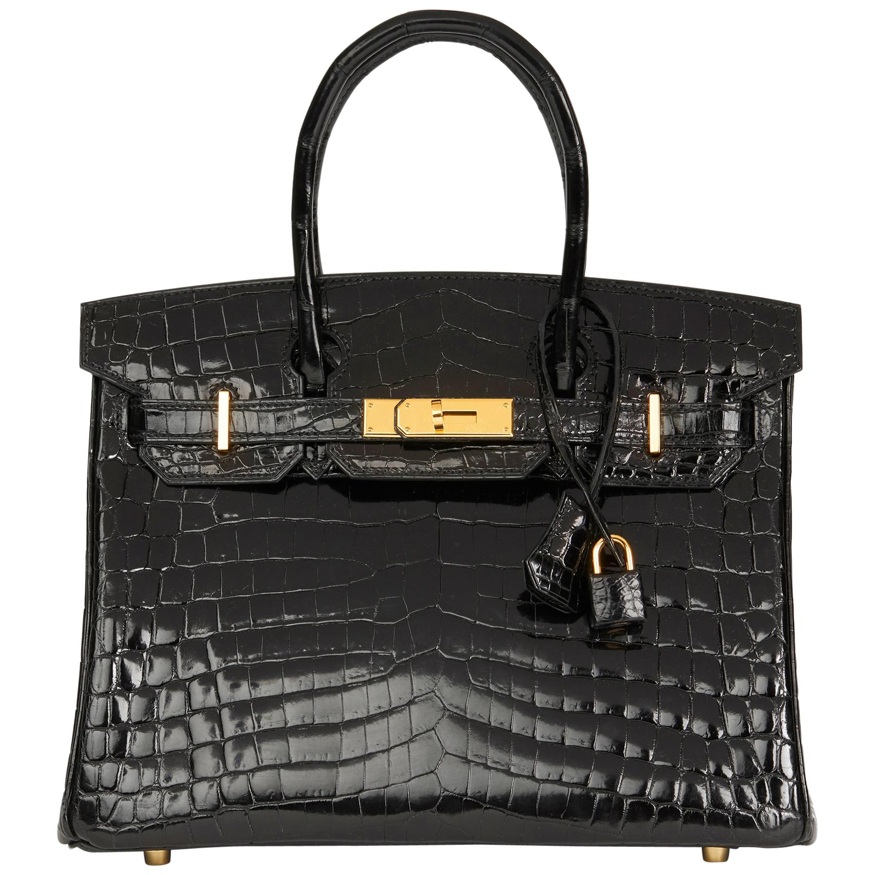 2008 Hermes Black Shiny Niloticus Crocodile Leather Birkin 30cm