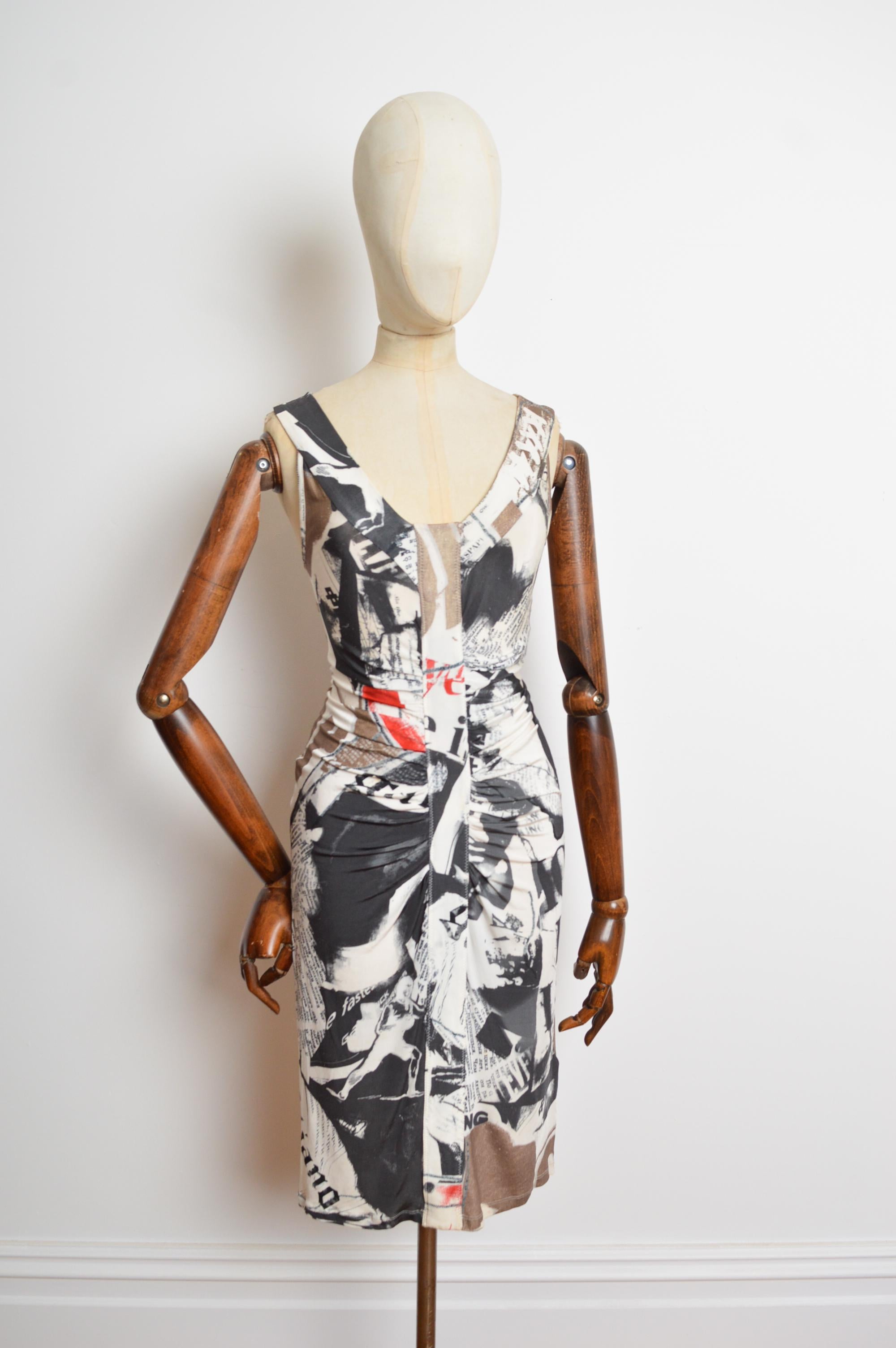 2008 John Galliano Newspaper Tabloid print fitted draped Cocktail Dress 8