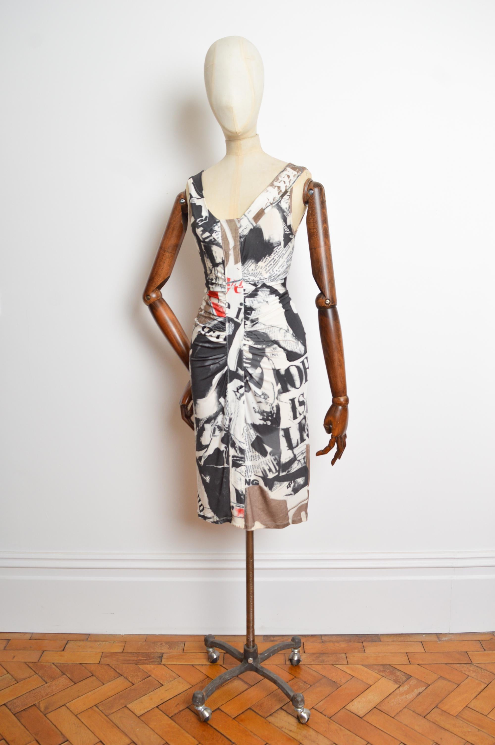 2008 John Galliano Newspaper Tabloid print fitted draped Cocktail Dress 10
