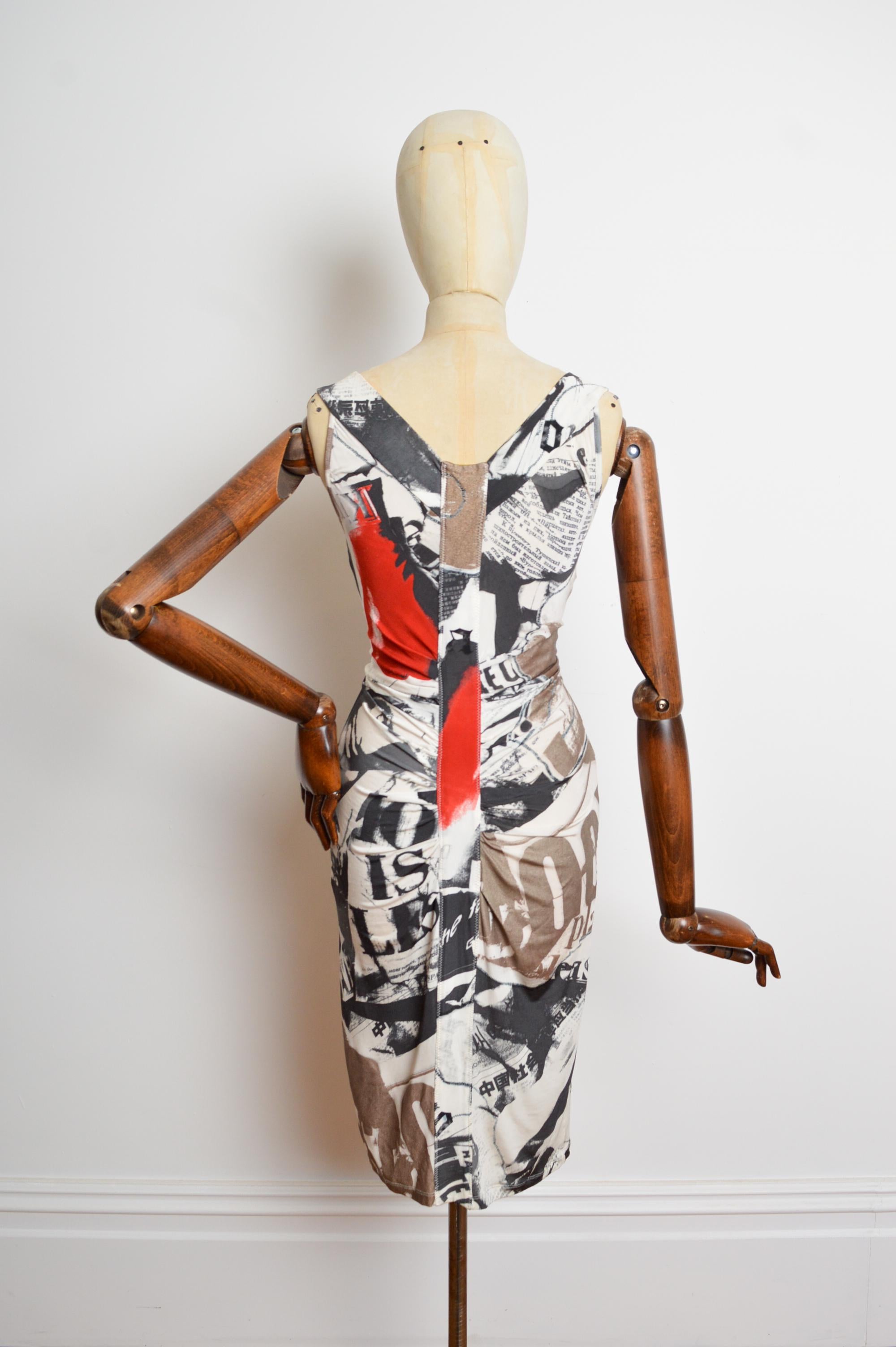 Gray 2008 John Galliano Newspaper Tabloid print fitted draped Cocktail Dress