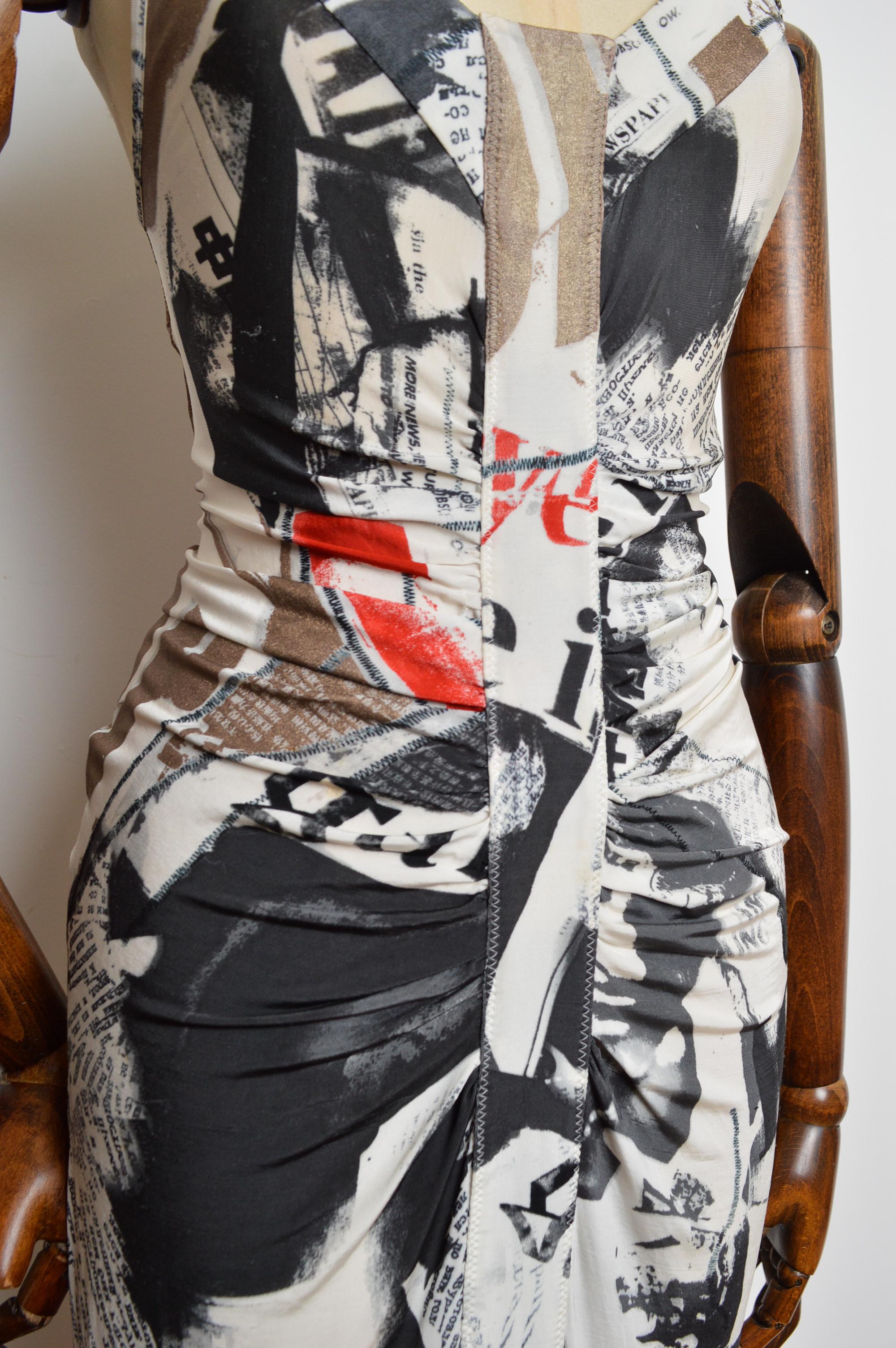2008 John Galliano Newspaper Tabloid print fitted draped Cocktail Dress In Good Condition In Sheffield, GB