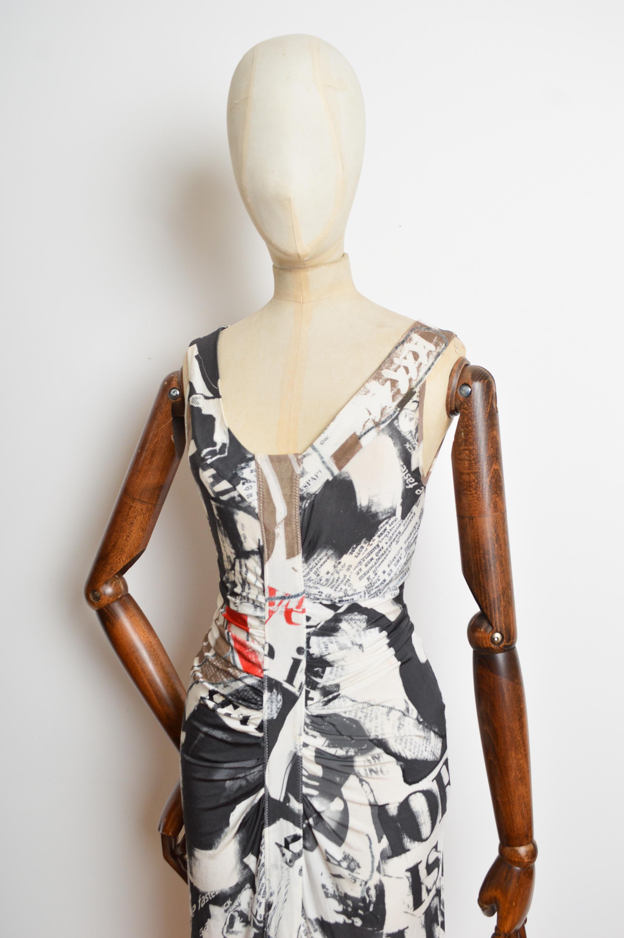 2008 John Galliano Newspaper Tabloid print fitted draped Cocktail Dress 2