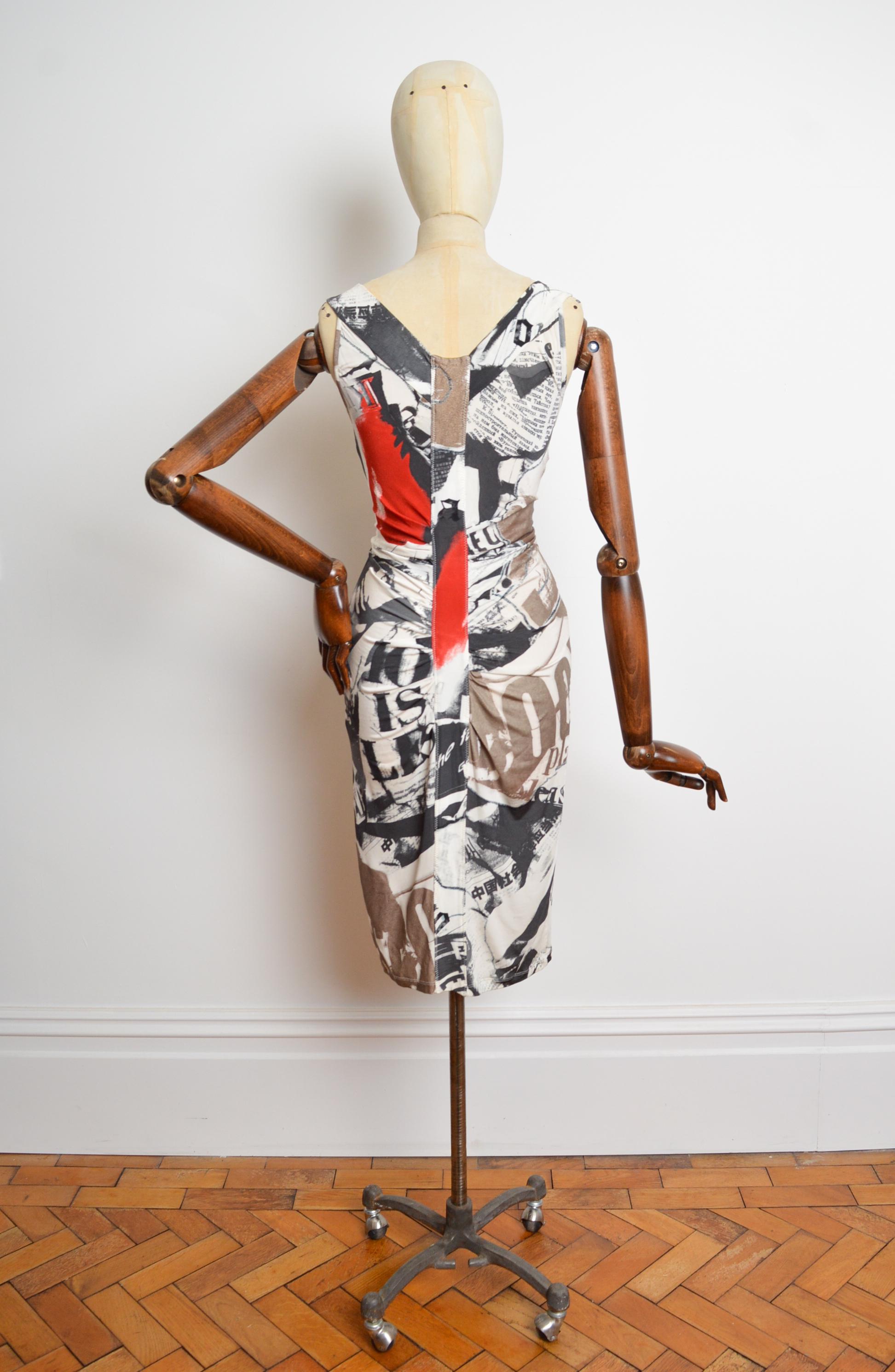 2008 John Galliano Newspaper Tabloid print fitted draped Cocktail Dress 3