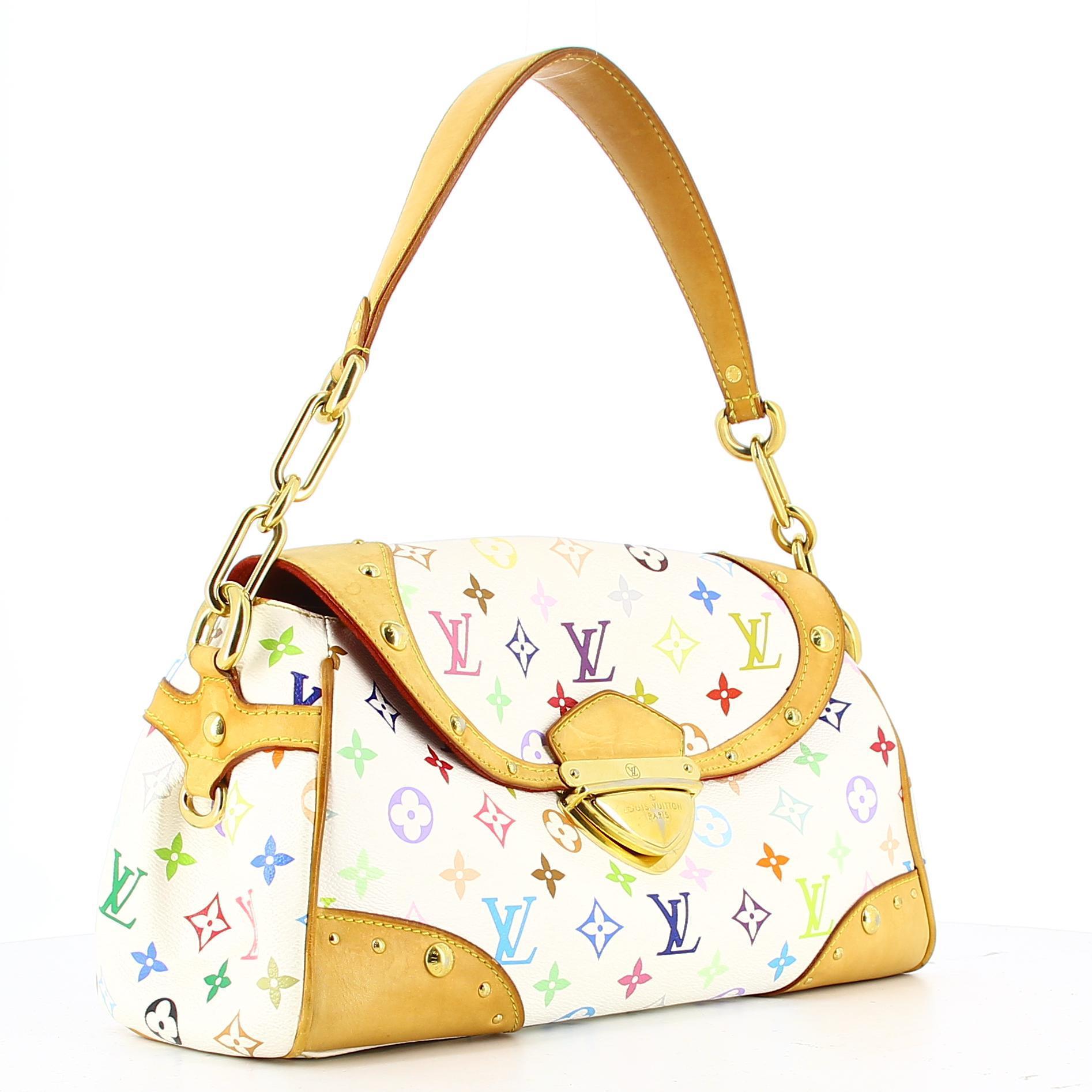 Louis Vuitton Berverly Murakami Monogram Bag.
Very good condition, show some light signs of use and wear but nothing visible.
Louis Vuitton shoulder bag with coloured monogram and white coated canvas. Gold tone clasp with Louis Vuitton engraved.