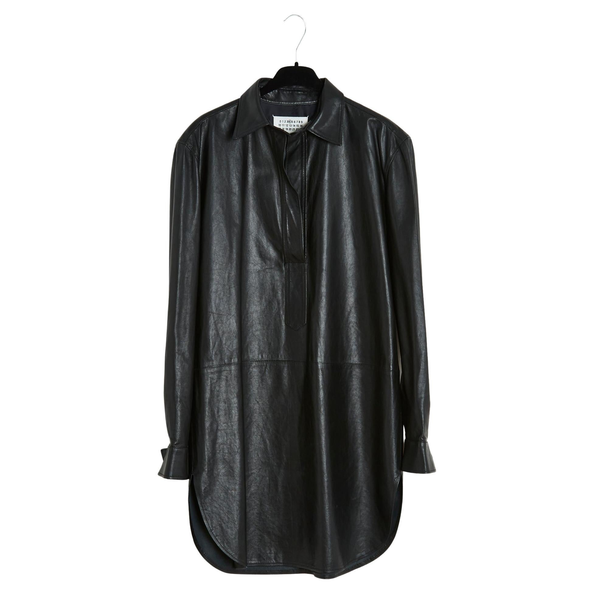 2008 Maison Martin Margiela 4 Black leather shirt dress tunique FR38 For Sale