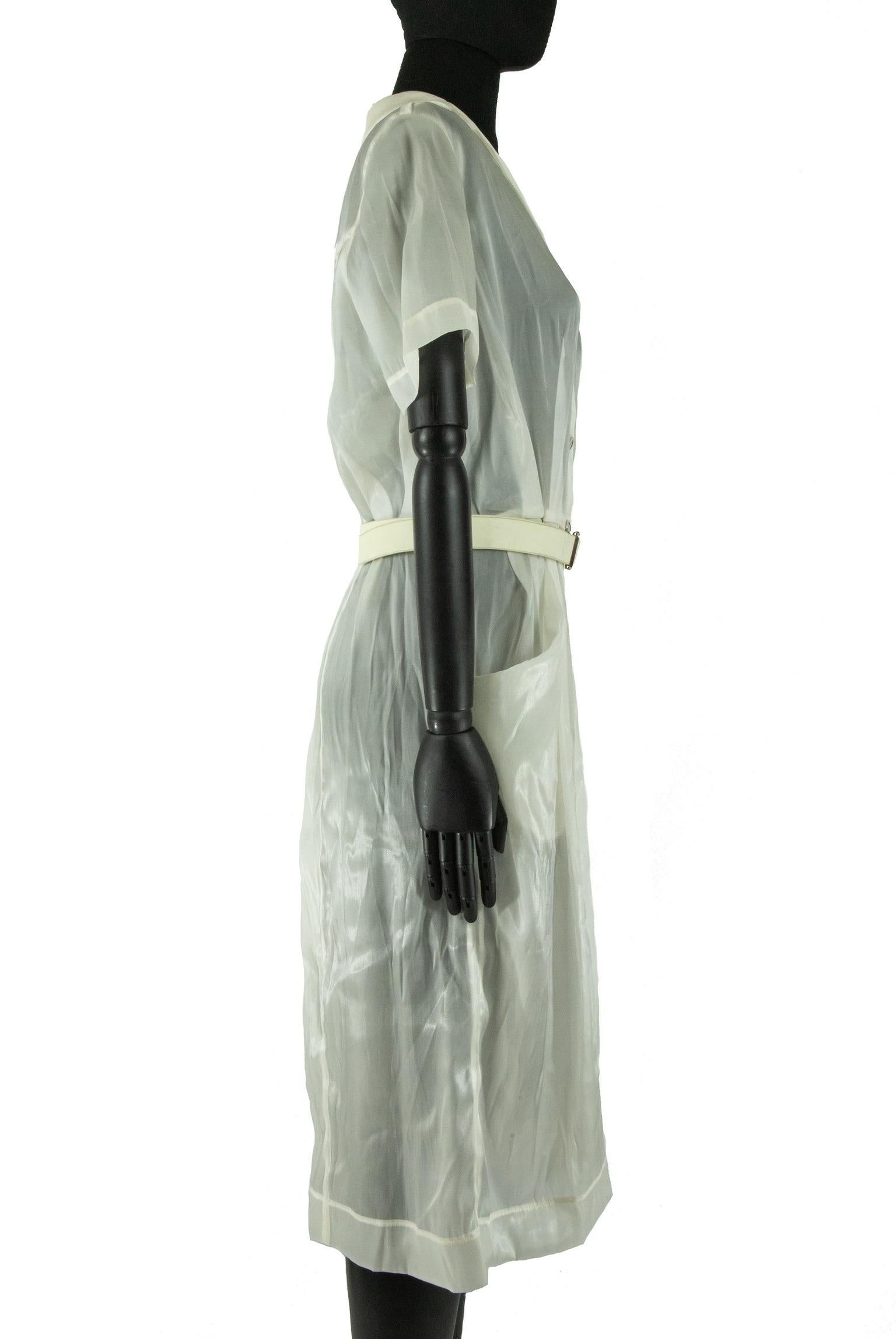 This Marc Jacob for Louis Vuitton shirt dress was featured in the 2008 spring ready to wear collection. Described as a ‘chic take on the classic nurses uniform’, models wore the sheer organza dresses over garments with matching sheer monogram LV