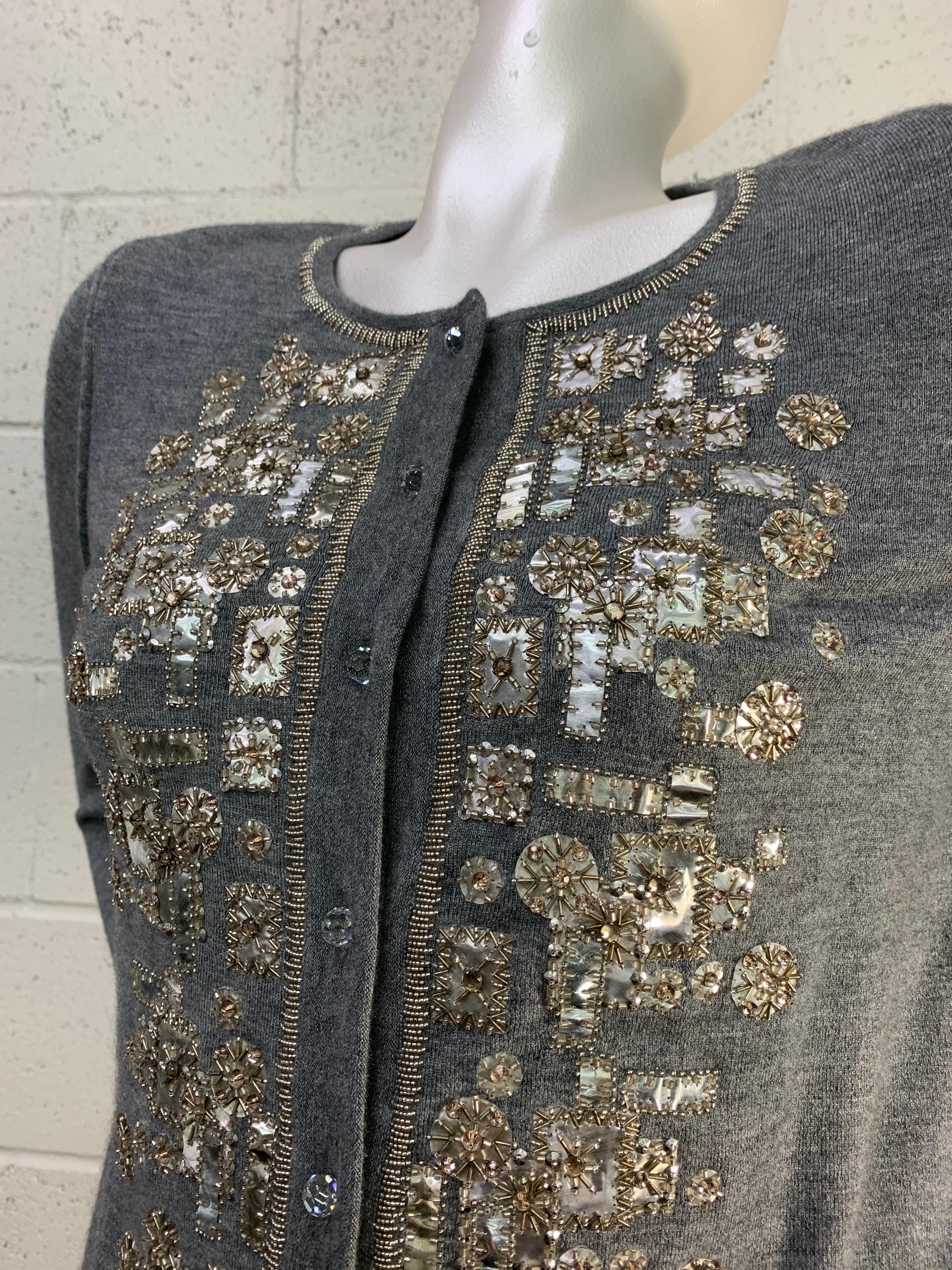 2008 Oscar de La Renta heathered gray silk and cashmere cardigan with gold & pewter metallic beading, rhinestones on disc applique in a Gustav Klimt-inspired design. Size US Medium. 