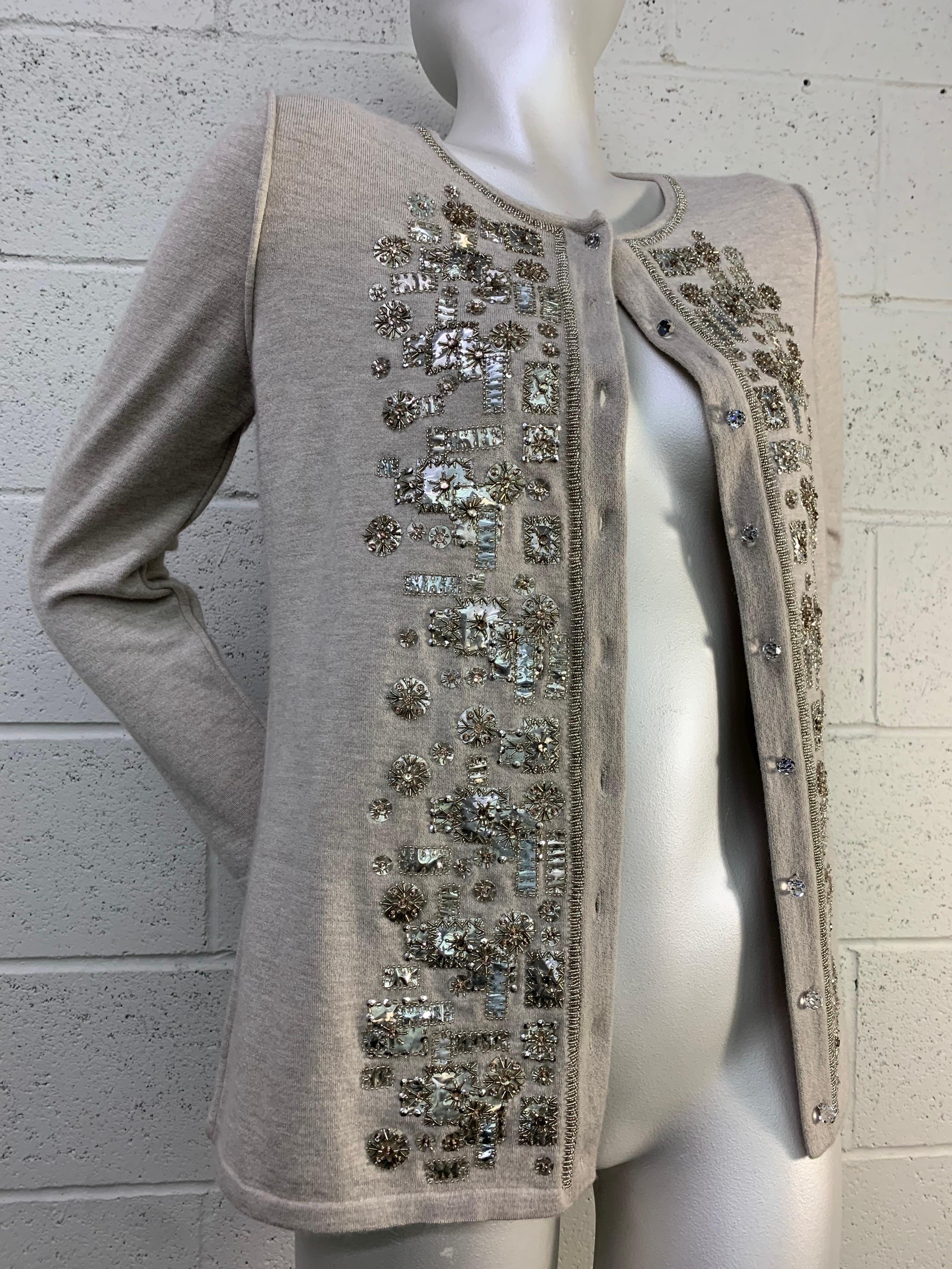 2008 Oscar de La Renta Silver Cashmere Cardigan w/ Klimt-Inspired Metallic Beads 4