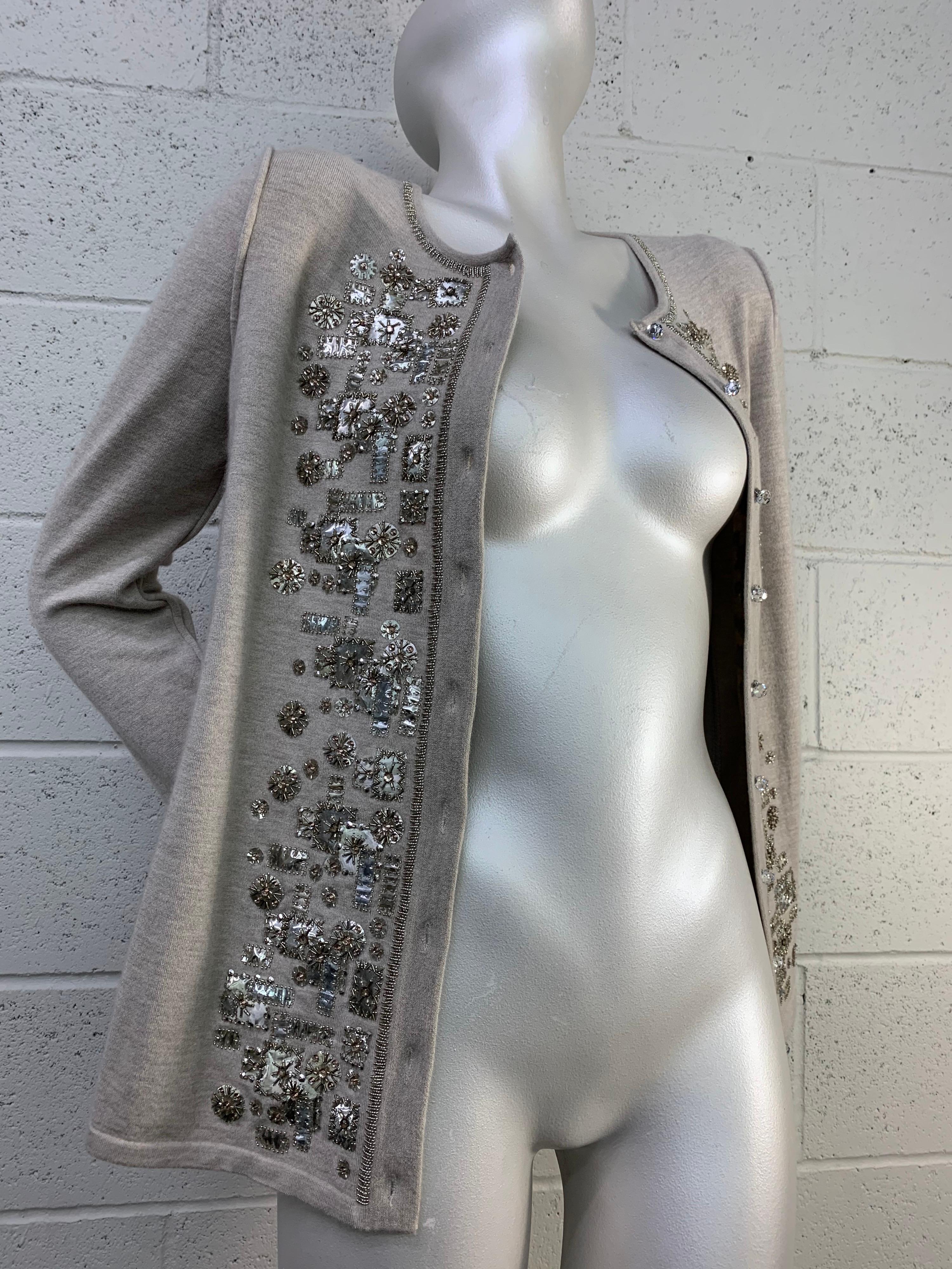 2008 Oscar de La Renta Silver Cashmere Cardigan w/ Klimt-Inspired Metallic Beads 5