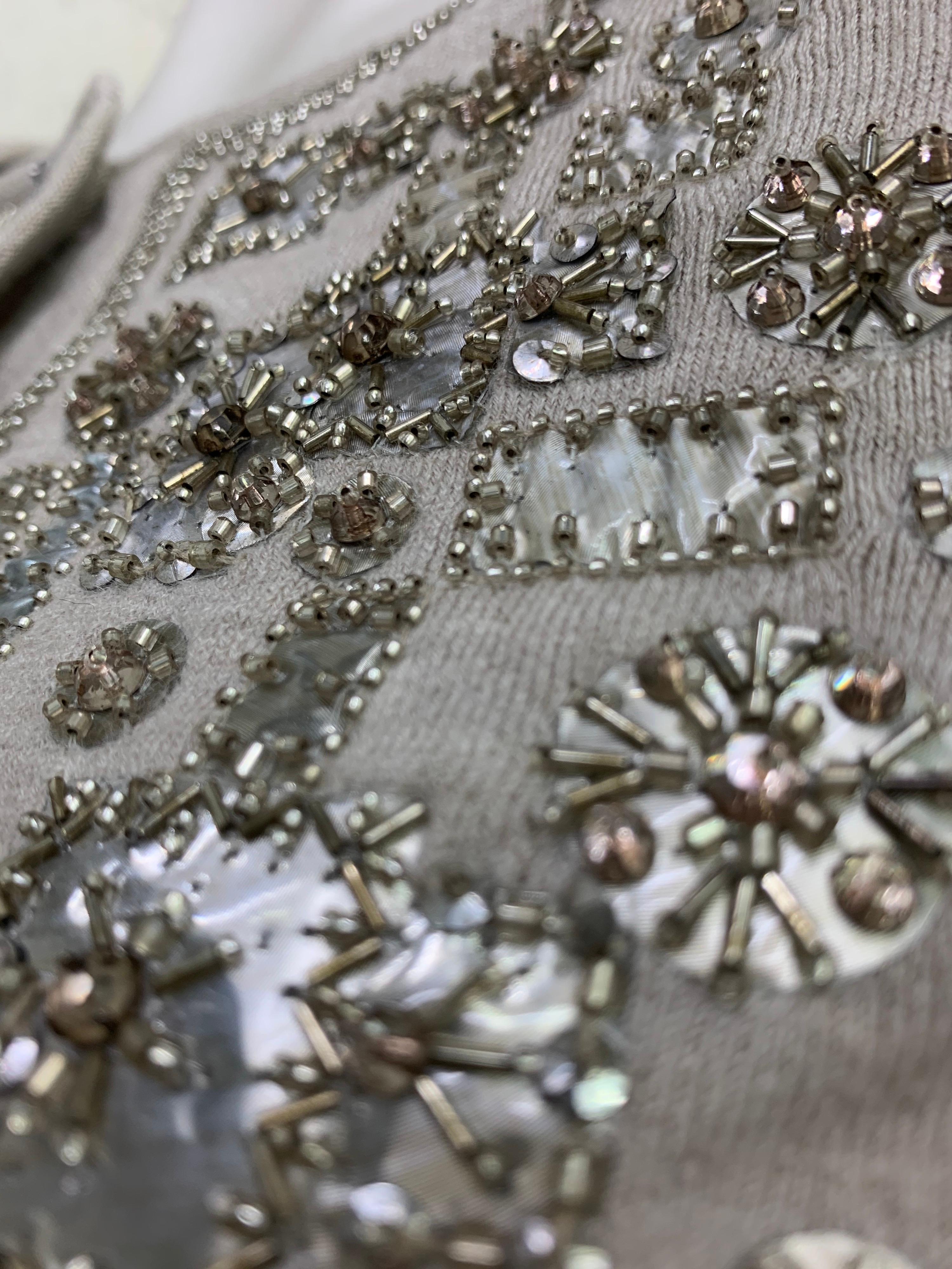 Women's 2008 Oscar de La Renta Silver Cashmere Cardigan w/ Klimt-Inspired Metallic Beads