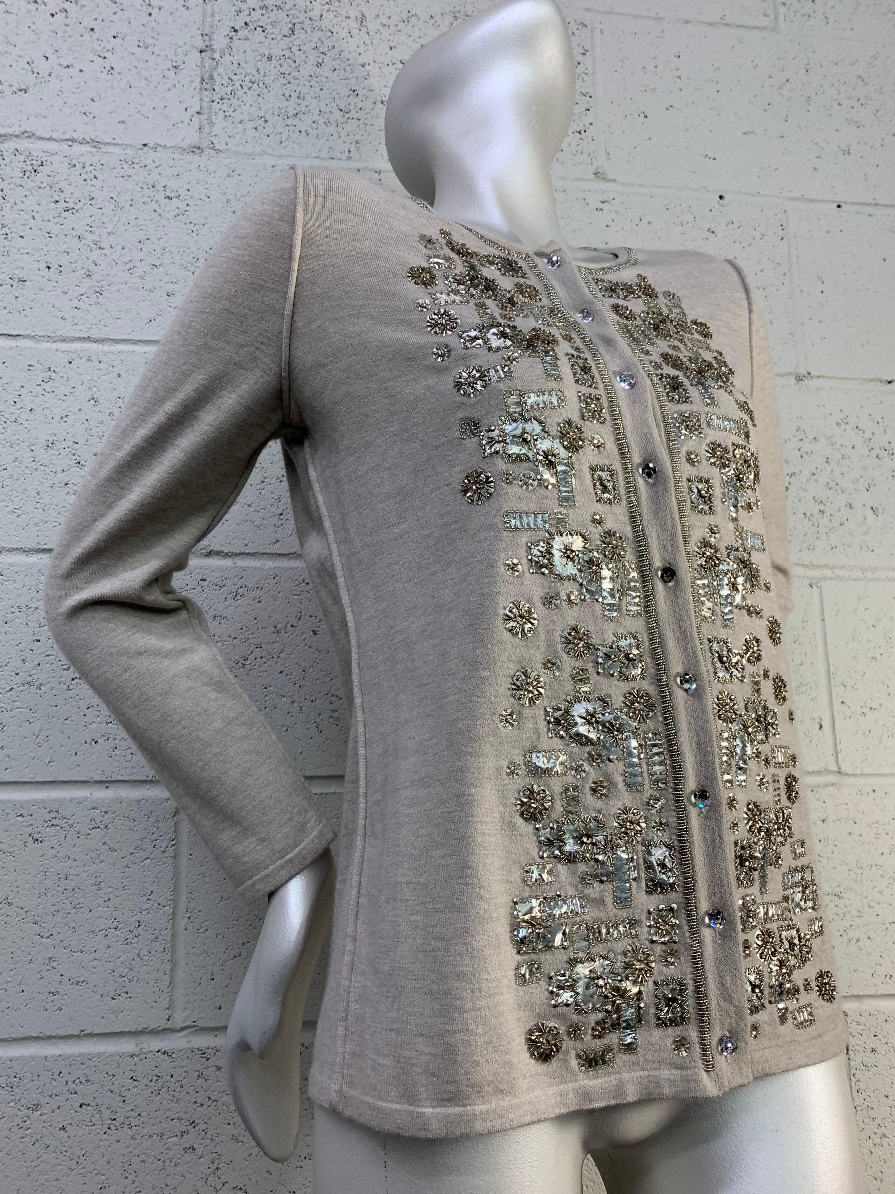 2008 Oscar de La Renta Silver Cashmere Cardigan w/ Klimt-Inspired Metallic Beads 1