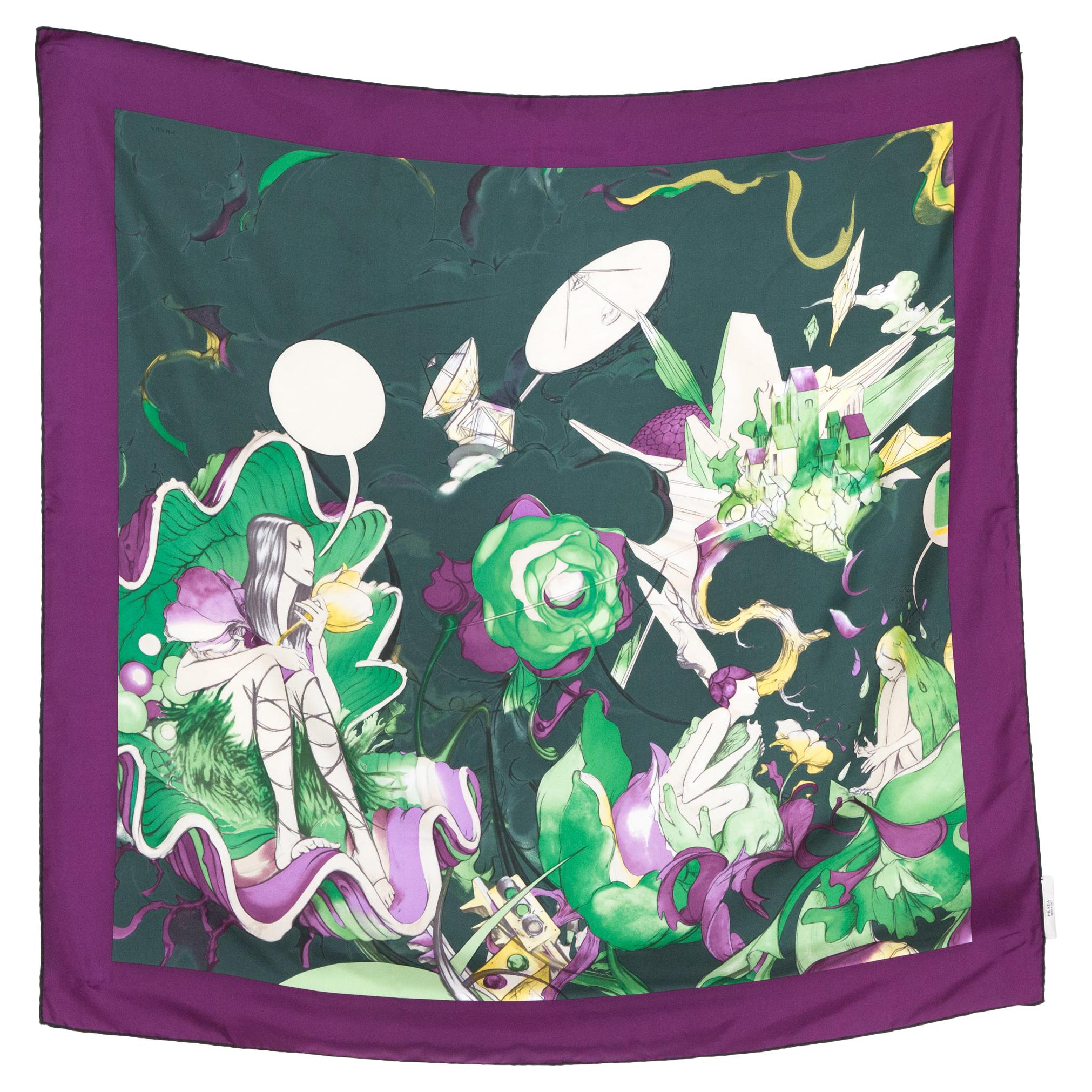 2008 Prada James Jean Fairy Print Throughout  Silk Scarf