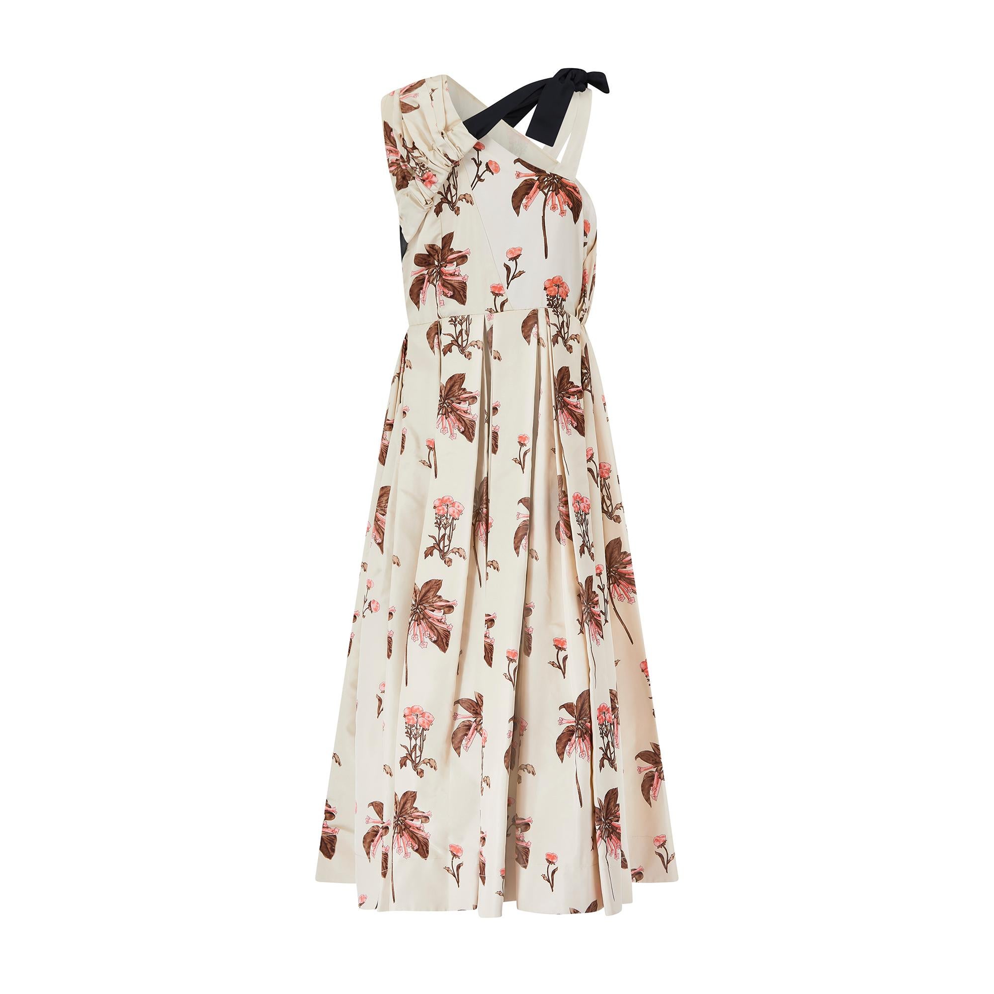 Beige 2008 Resort Prada Silk Floral Box Pleat Maxi Dress