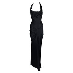 2008 Roberto Cavalli Halter Pin-Up Low Bust Black Crystal Maxi Gown Dress