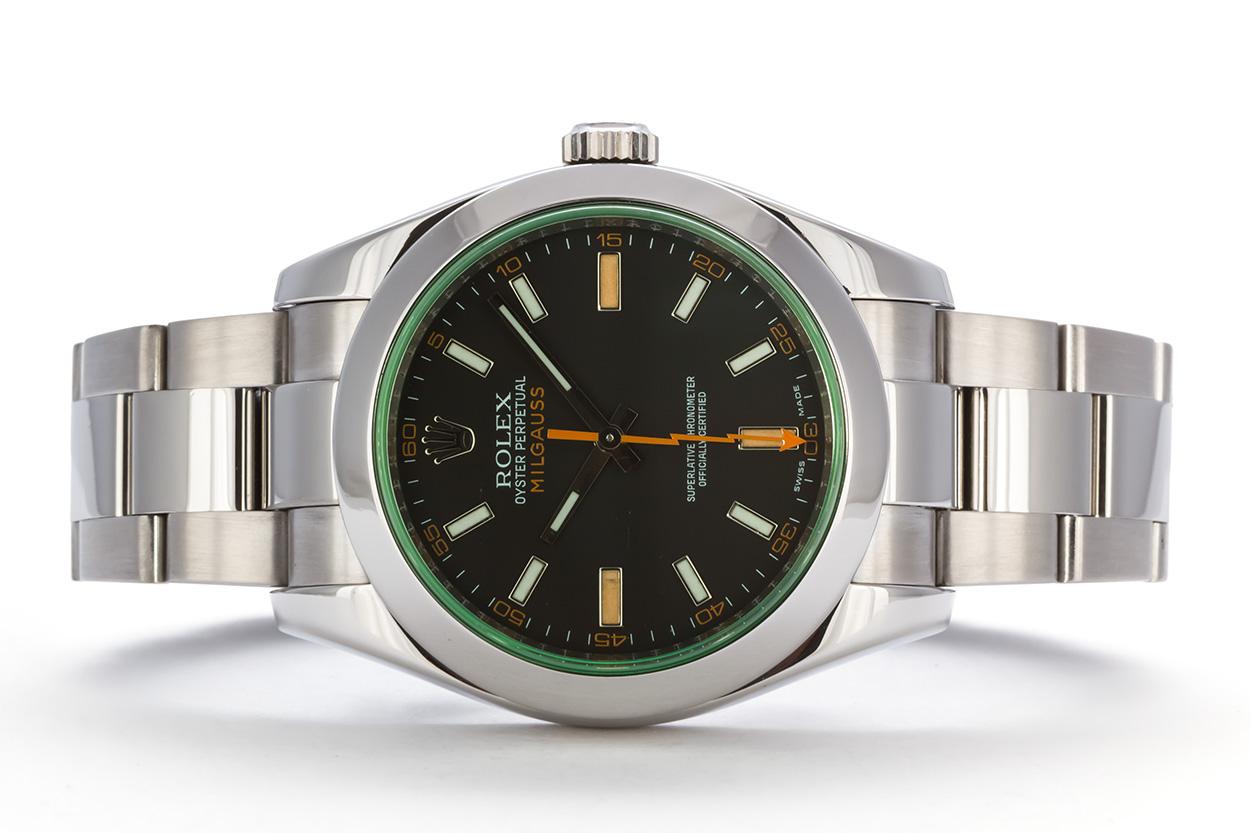 We are pleased to offer this 2008 Rolex Stainless Steel Milgauss 116400GV. The reliability and precision of an ordinary mechanical watch can be affected by a magnetic field of 50 to 100 gauss. But many scientists are exposed to much higher magnetic