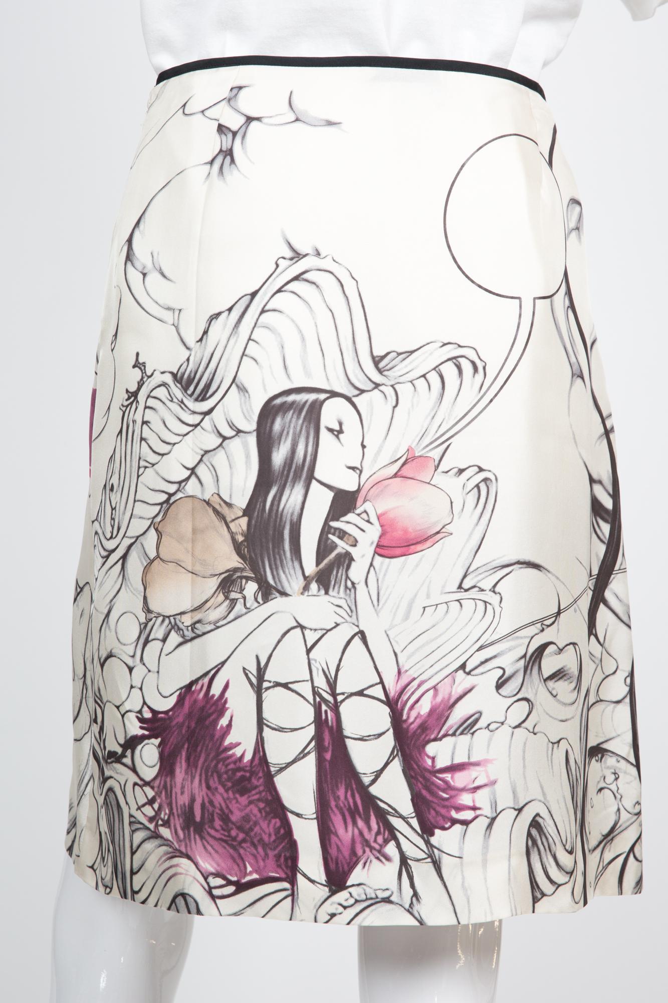 Miuccia Prada's Rare silk skirt from iconic 2008 Spring Fairy collection featuring a-line skirt shape,  a fantasy fairy print throughout, a side zipper closing.
With a Fairy print designed by Taiwanese artist, James Jean.
Composition: 100%