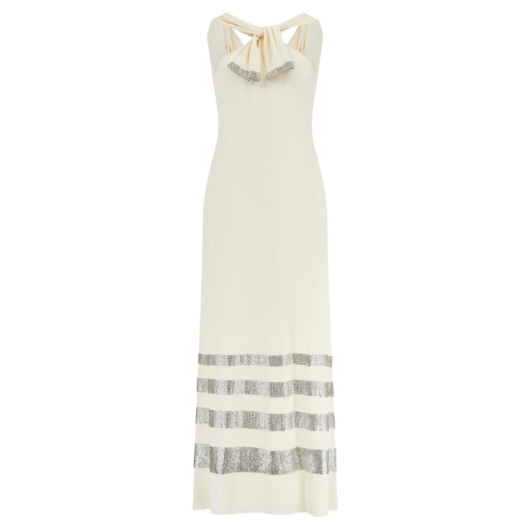 2008 Pasarela Valentino Vestido Columna Crema con Lentejuelas Plateadas en venta